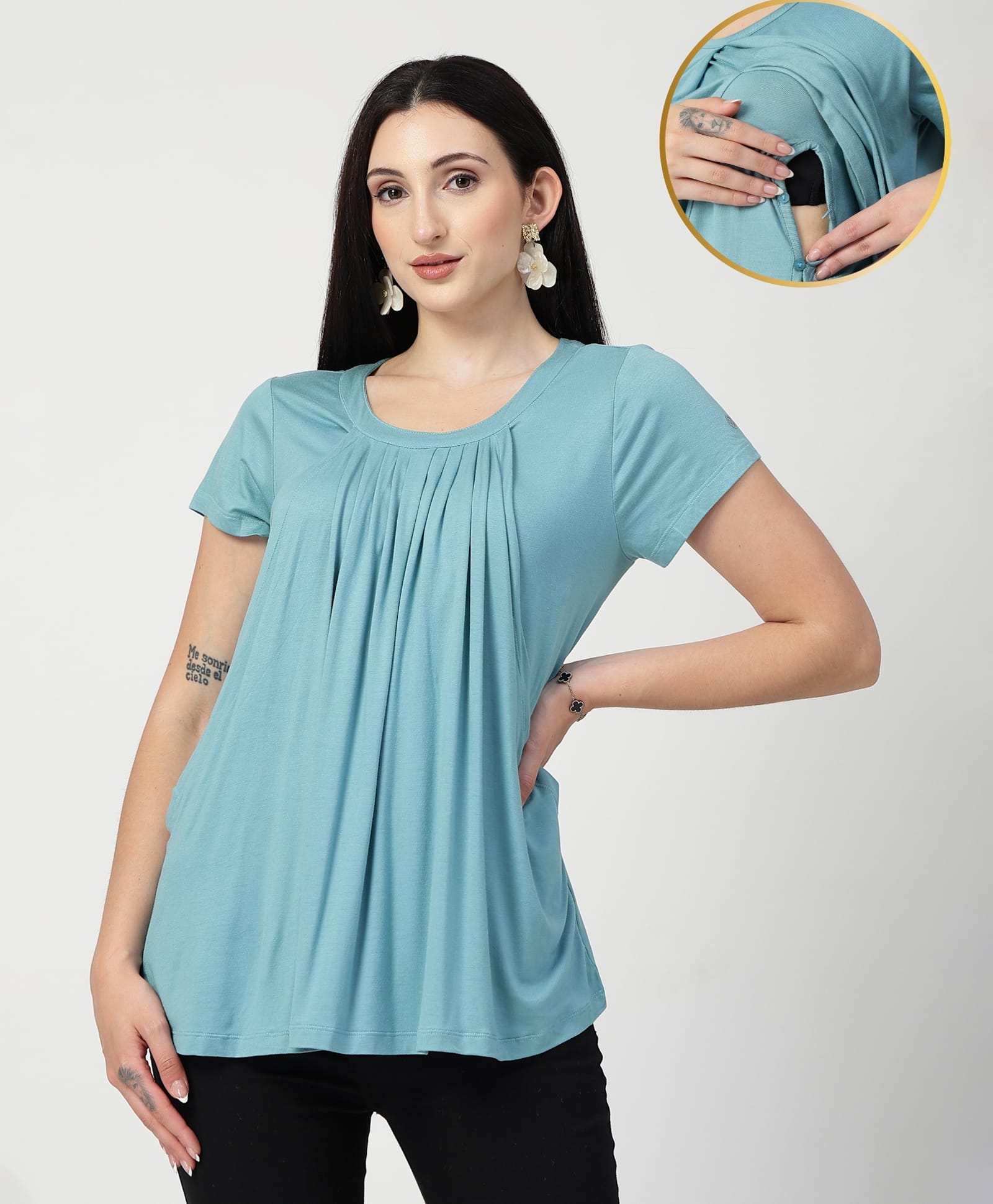 Zelena 95% Viscose 5% Lycra Woven Half Sleeves Solid Maternity Top With Side Open Nursing Access - Sea Green-picture-13