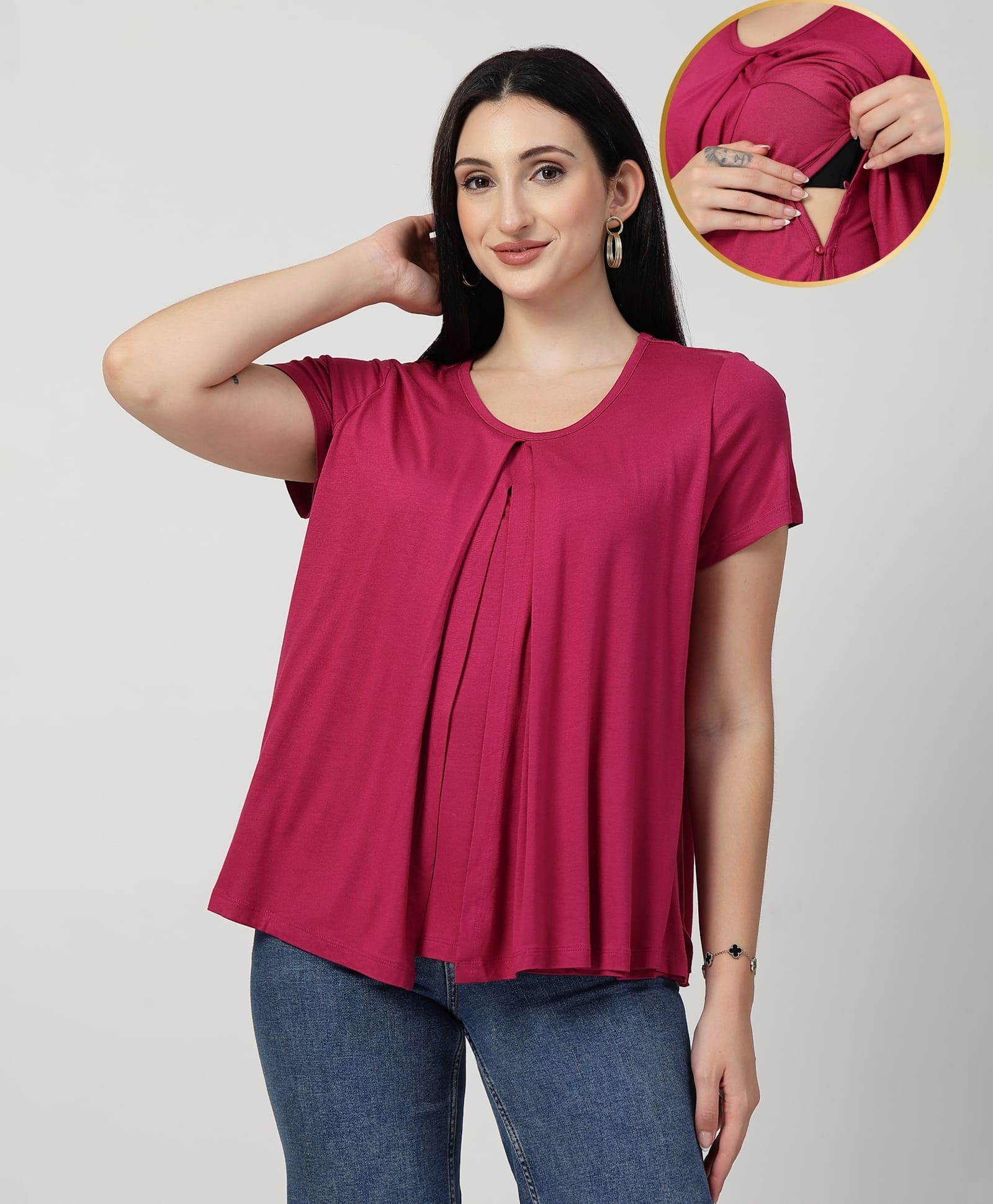 Zelena 95% Viscose 5% Lycra Woven Half Sleeves Solid Maternity Top With Side Open Nursing Access - Deep Rose-image-48