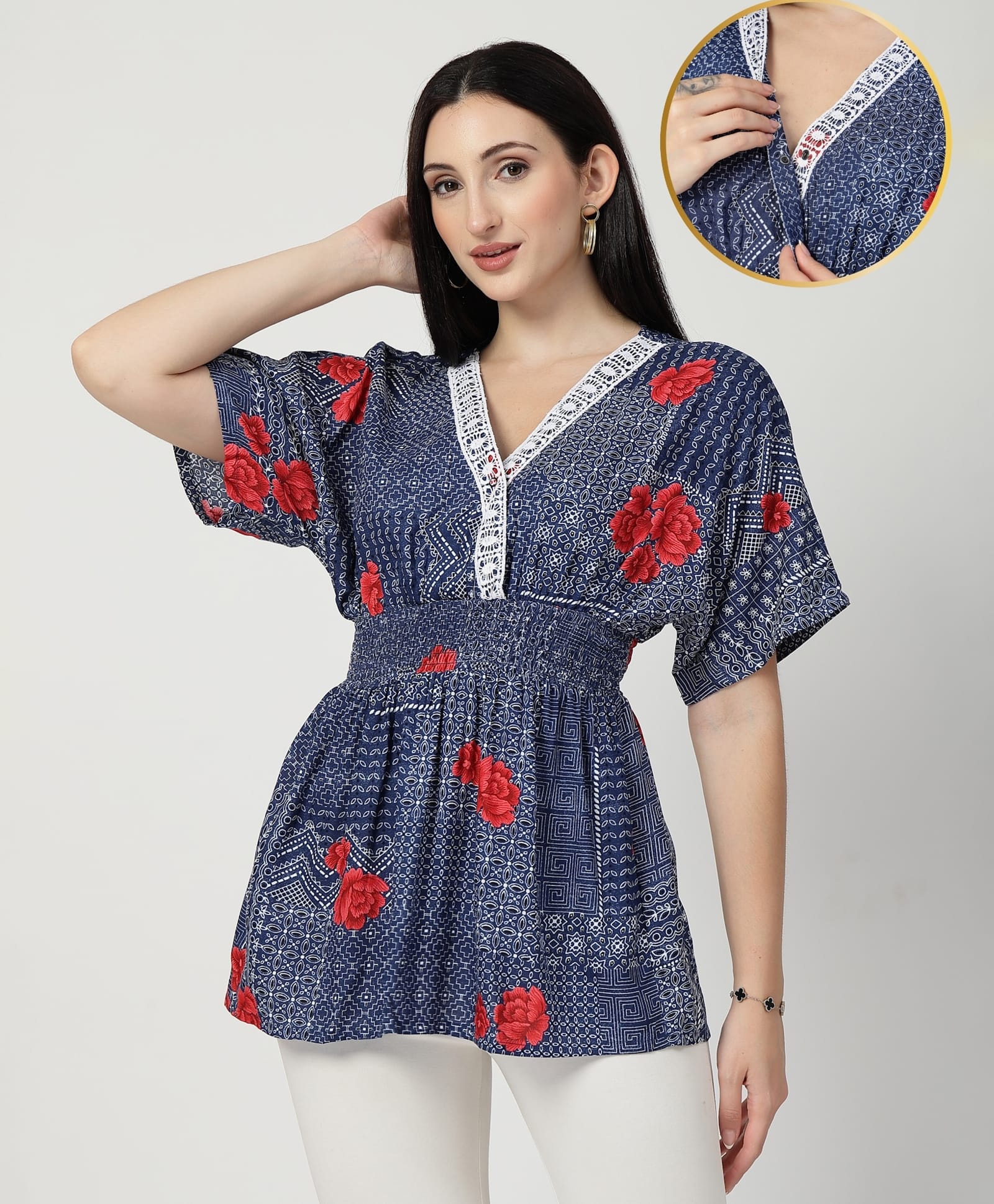 Zelena 100% Rayon Woven Half sleeves Floral Printed Maternity Top With Front Open Nursing Access - Blue-image-28