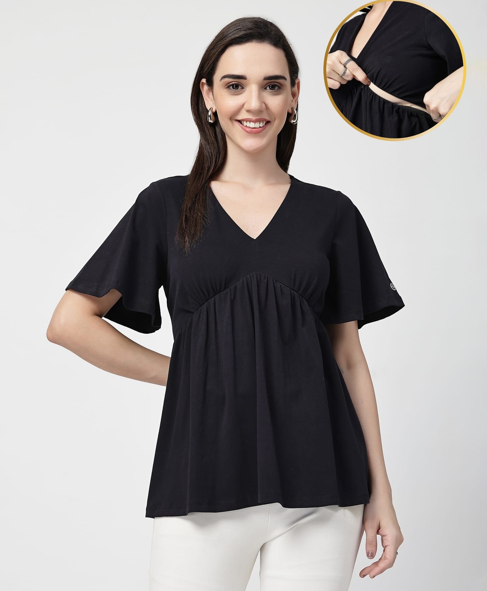 Zelena 95% Cotton 5% Elastane Woven Half Sleeves Solid Maternity Top With Side Nursing Access - Black-image-39