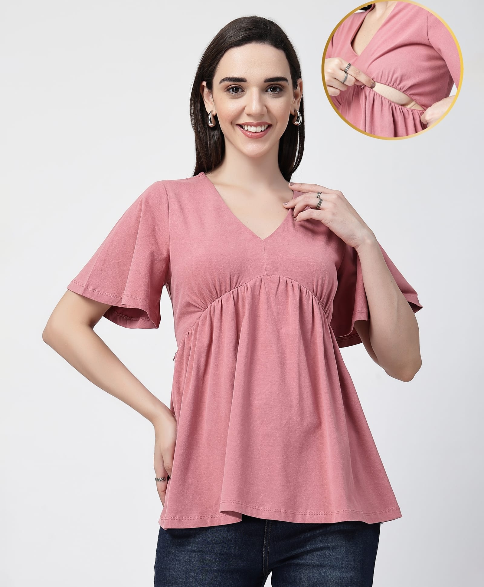 Zelena 95% Cotton 5% Elastane Woven Half Sleeves Solid Maternity Top With Side Nursing Access - Deep Salmon-picture-11