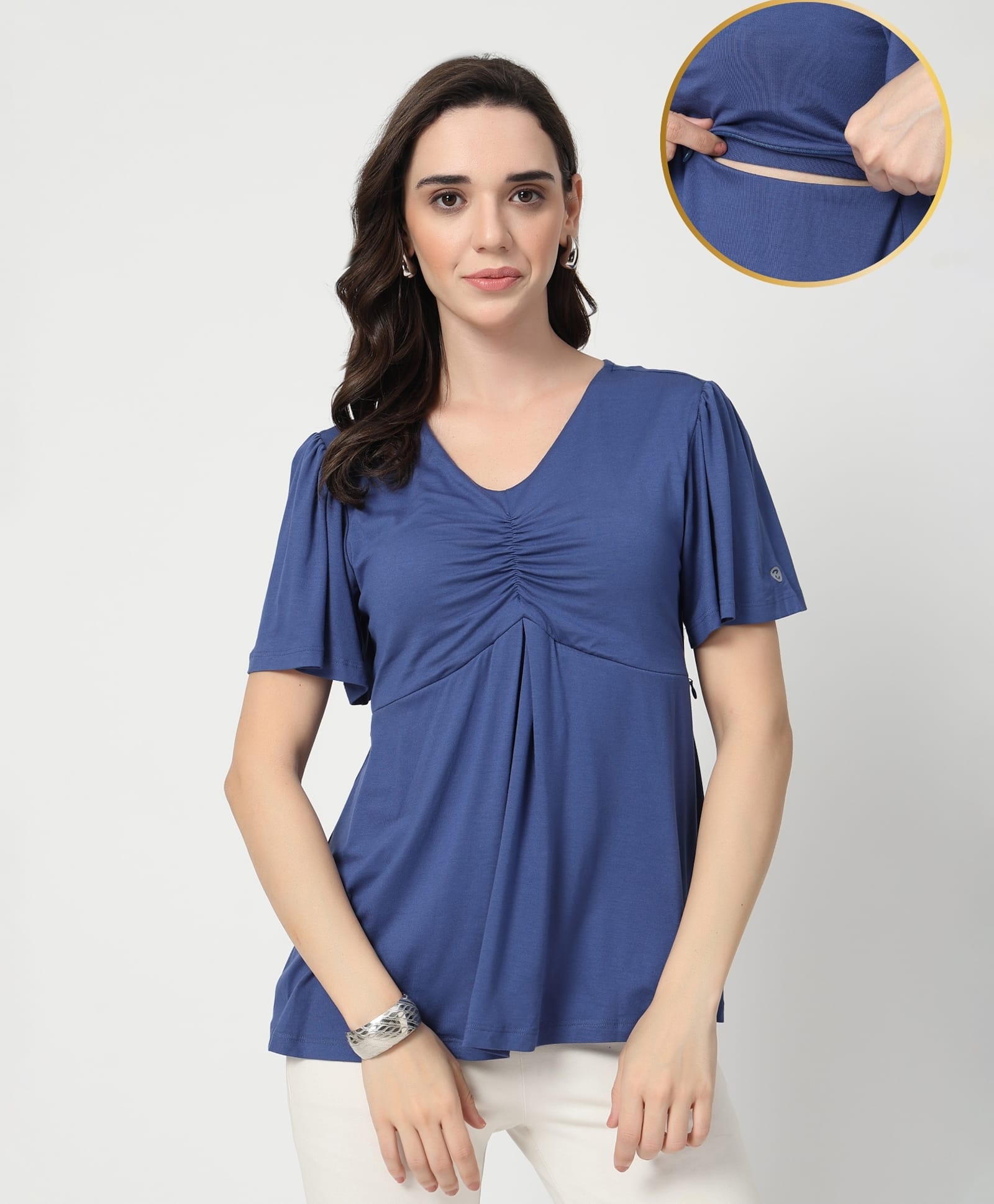 Zelena 95% Cotton 5% Elastane Woven Half Sleeves Solid Maternity Top With Side Nursing Access - Denim Blue-image-48