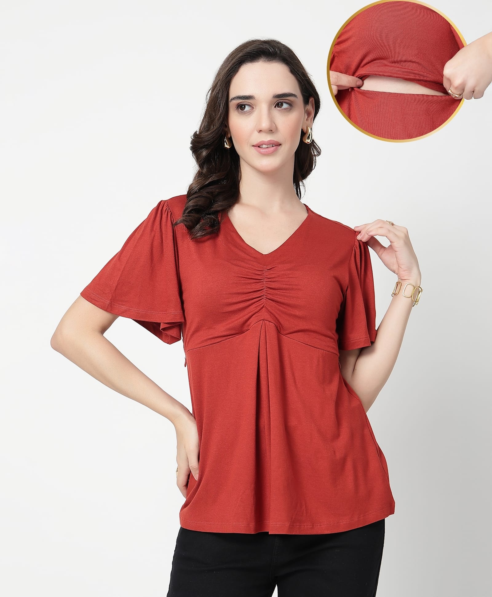 Zelena 95% Cotton 5% Elastane Woven Half Sleeves Solid Maternity Top With Side Nursing Access - Rust-picture-3