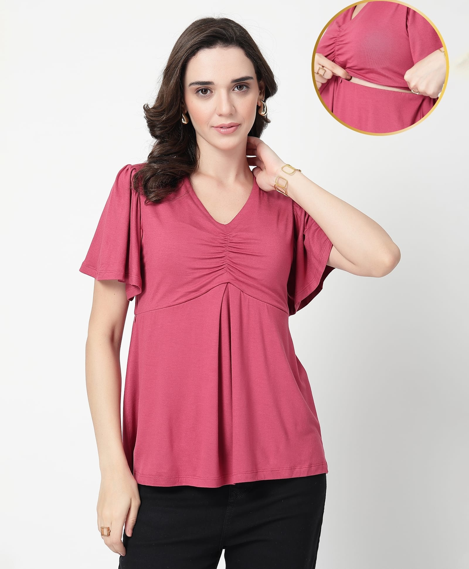 Zelena 95% Viscose 5% Elastane Woven Half Sleeves Solid Maternity Top With Side Nursing Access - Dusty Rose-picture-28