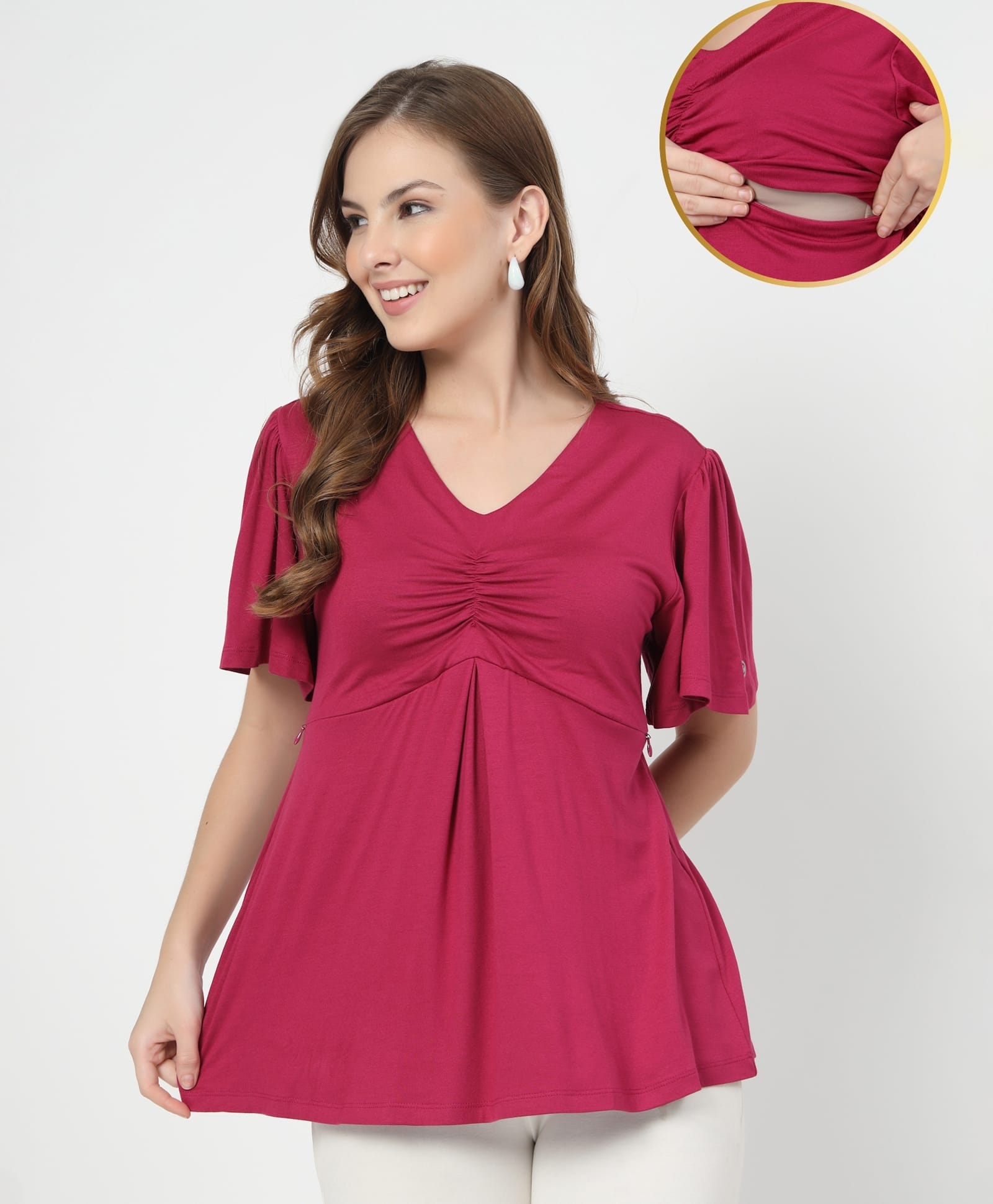 Zelena 95% Viscose 5% Elastane Woven Half Sleeves Solid Maternity Top With Side Nursing Access - Deep Rose-picture-31