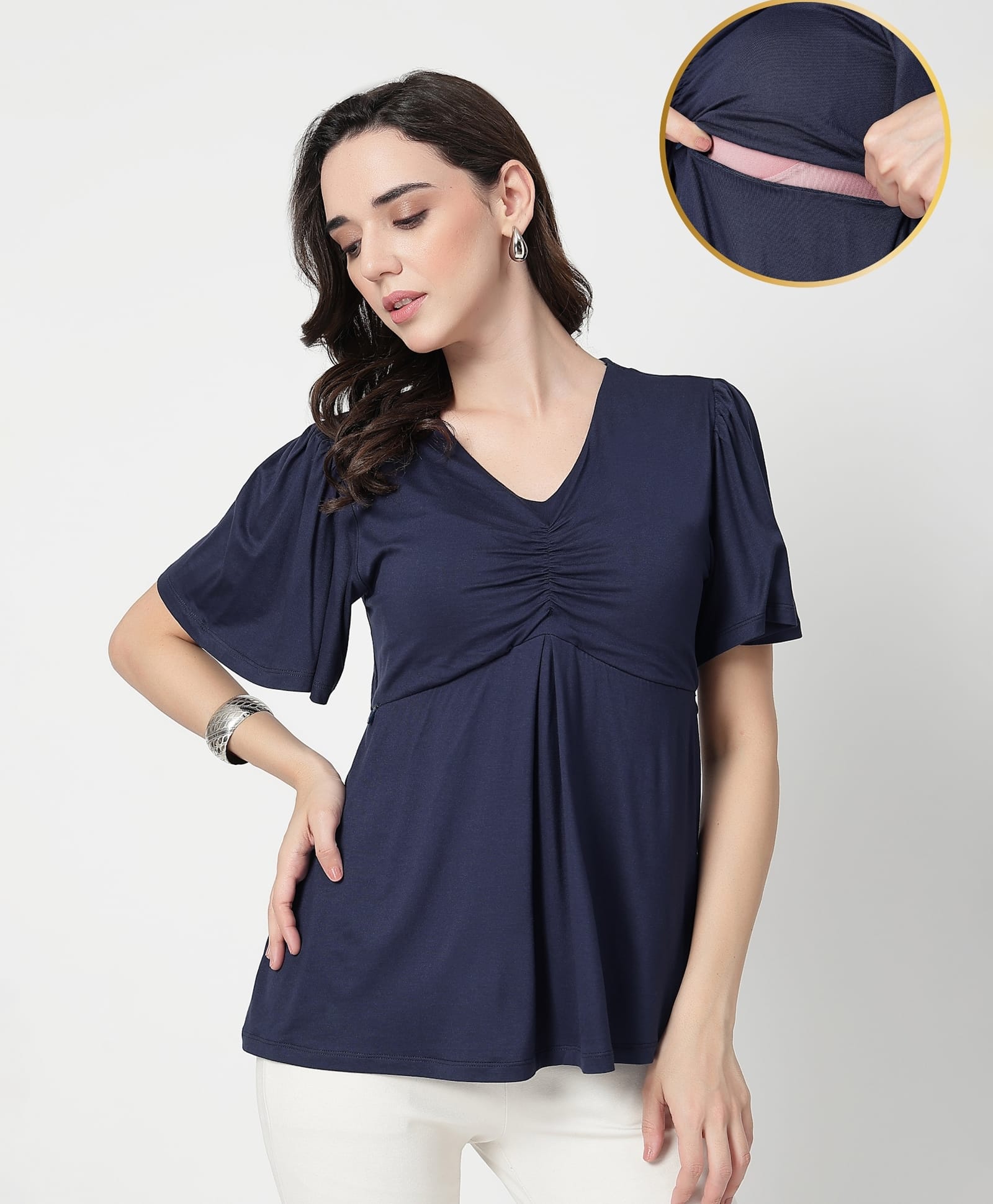 Zelena 95% Viscose 5% Elastane Woven Half Sleeves Solid Maternity Top With Side Nursing Access - Navy Blue-picture-27
