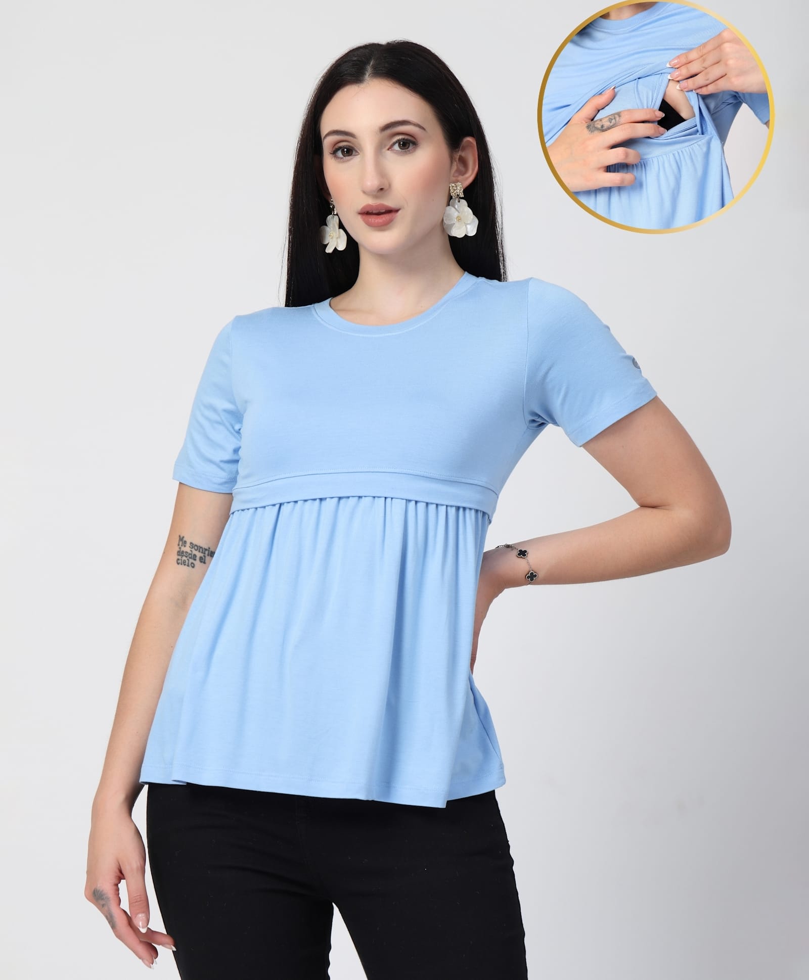 Zelena 95% Viscose 5% Elastane Woven Half Sleeves Solid Maternity Top With Side Nursing Access - Ice Blue-image-43