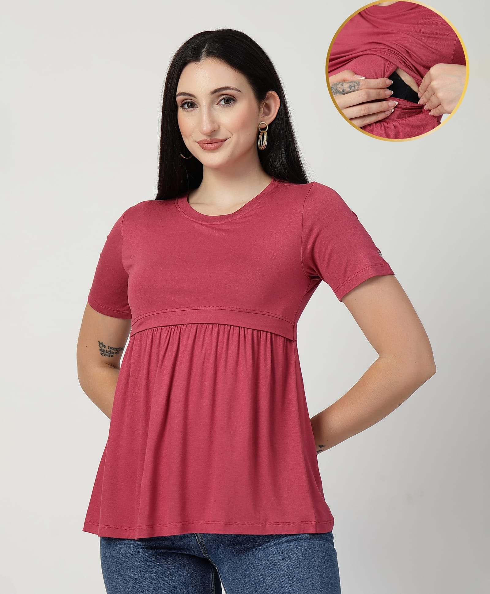 Zelena 95% Viscose 5% Elastane Woven Half Sleeves Solid Maternity Top With Side Nursing Access - Dusty Rose-picture-17