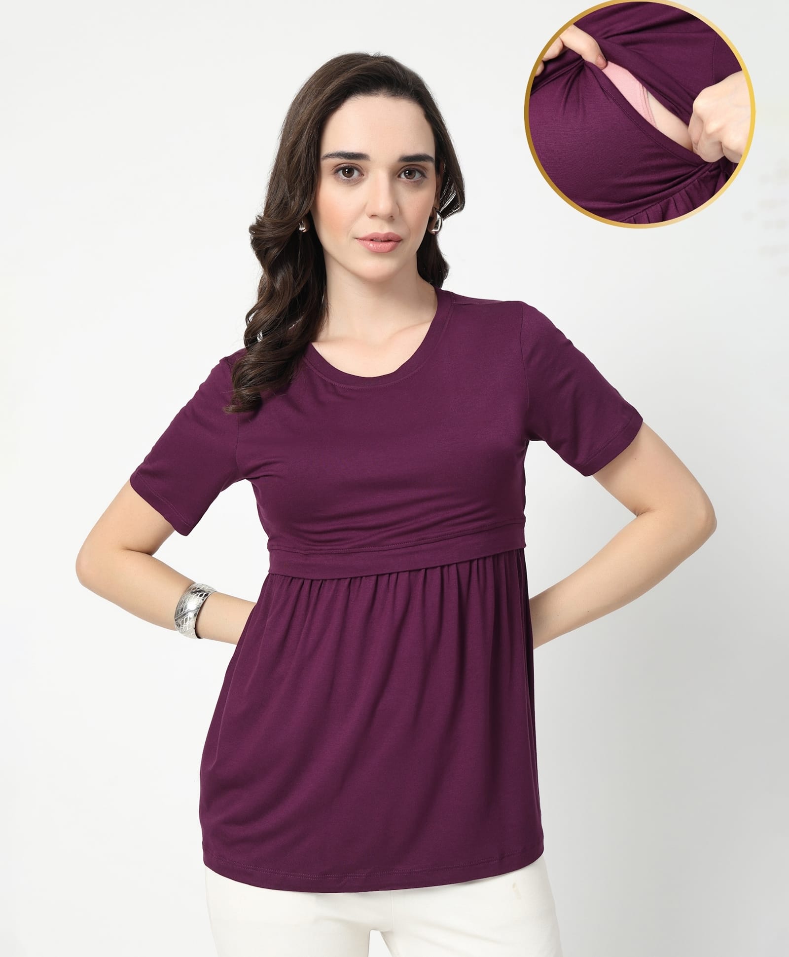 Zelena 95% Viscose 5% Elastane Woven Half Sleeves Solid Maternity Top With Side Nursing Access - Plum-picture-19
