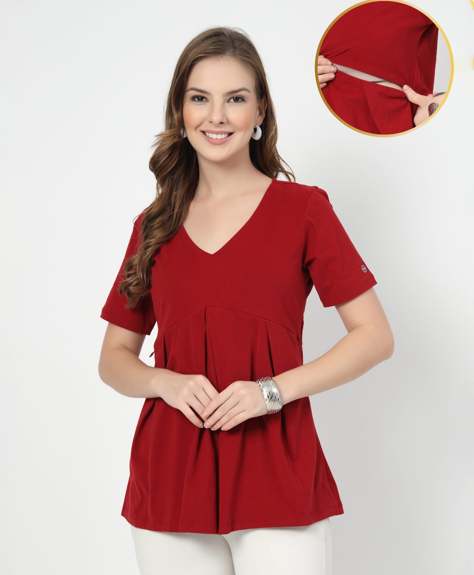 Zelena 95% Cotton 5% Elastane Woven Half Sleeves Solid Maternity Top With Side Seam Nursing Access - Red-image-40