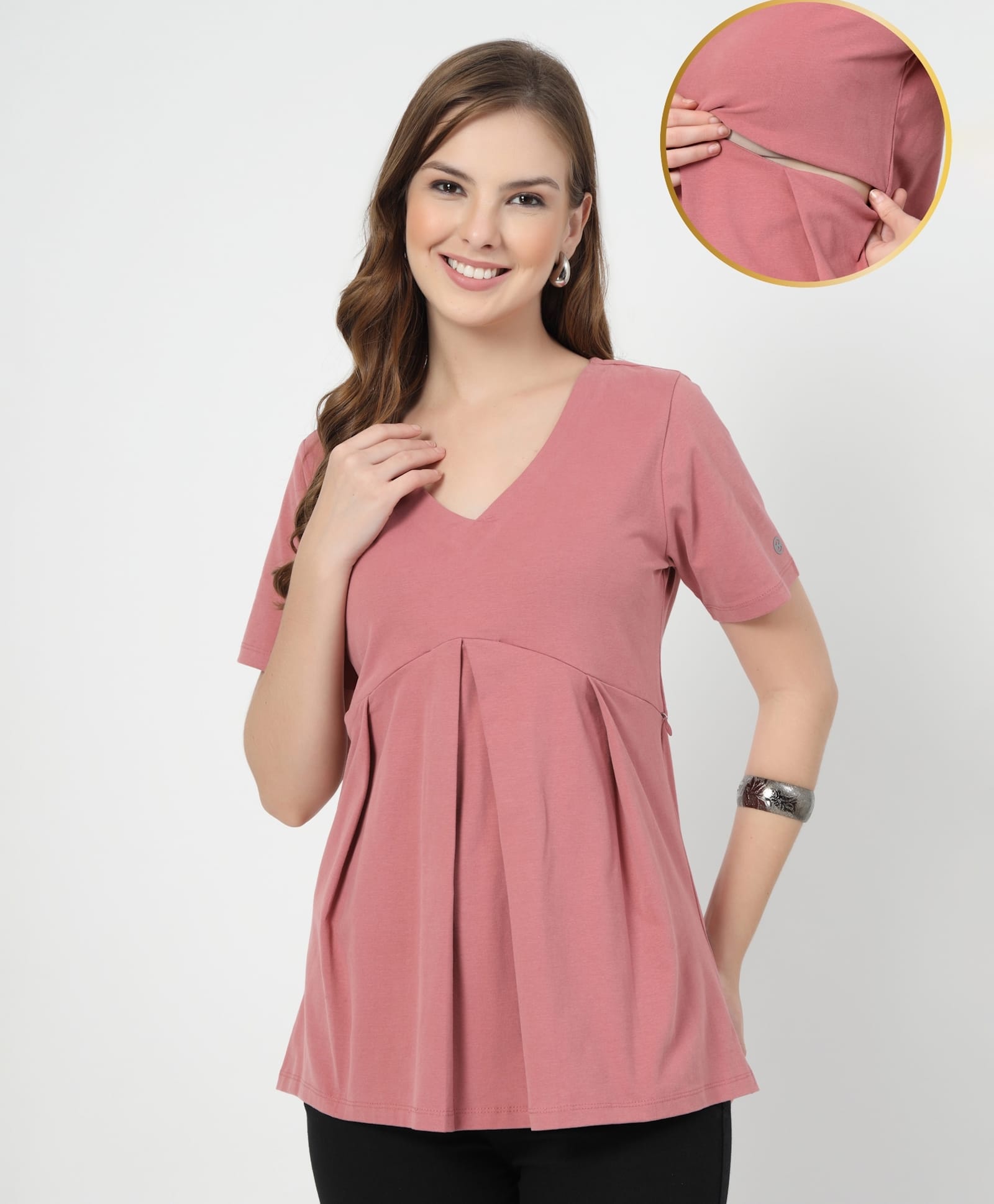 Zelena 95% Cotton 5% Elastane Woven Half Sleeves Solid Maternity Top With Side Seam Nursing Access - Deep Salmon