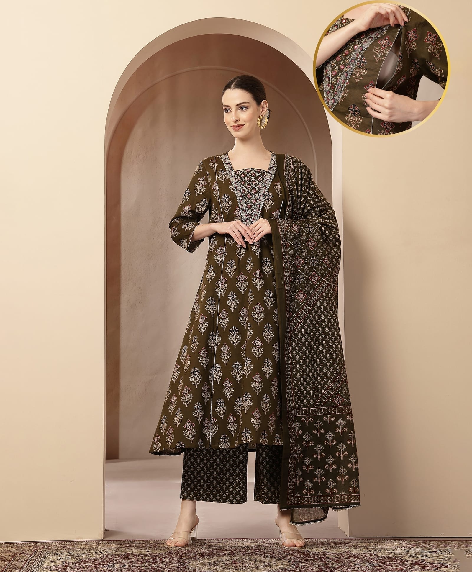 Zelena 100% Cotton Woven Three Fourth Sleeves Floral Printed Maternity Kurti With Front Zipper Nursing Access & Pant With Dupatta Set - Olive Green-image-25