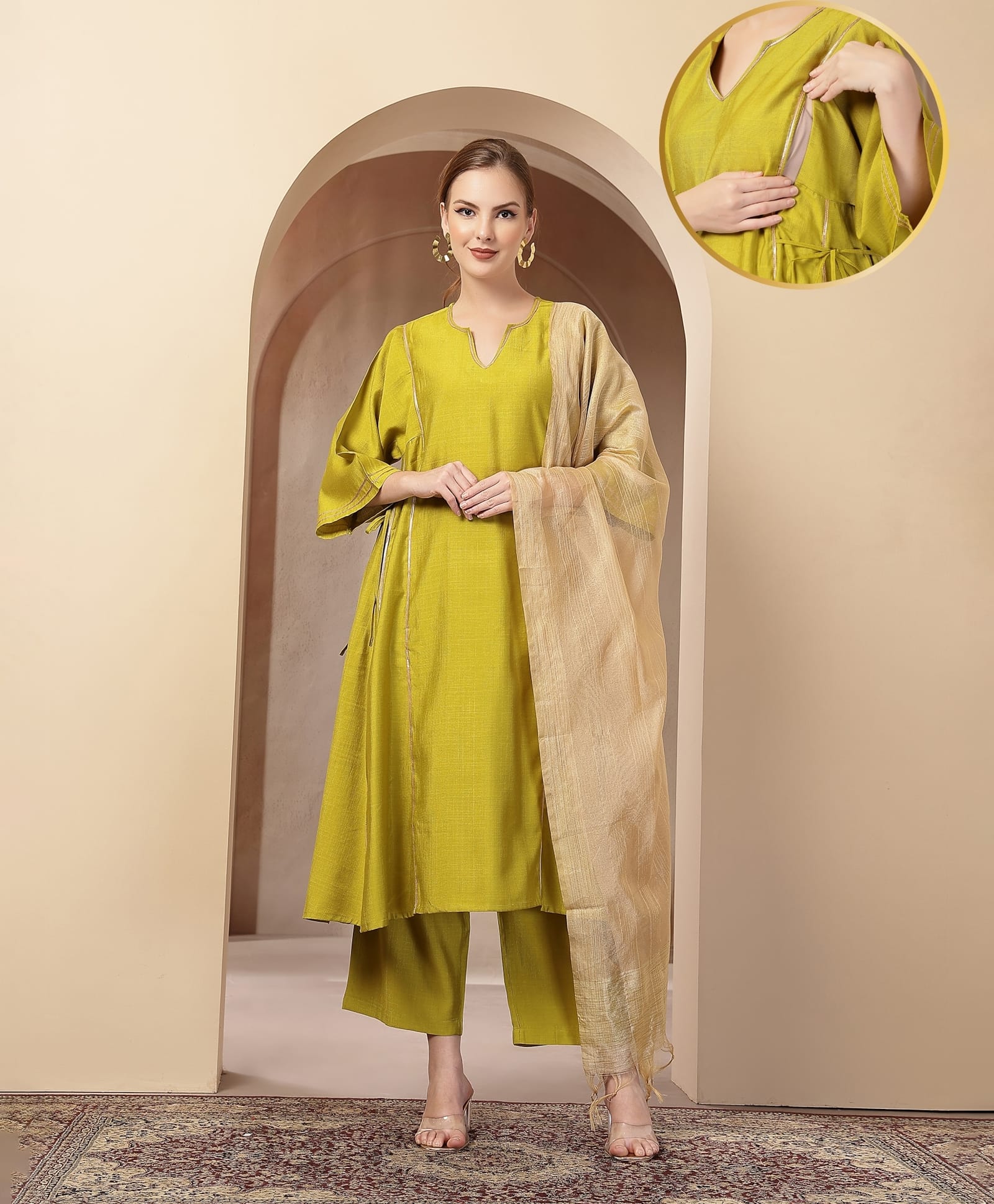 Zelena 100% Cotton Woven Three Fourth Sleeves Solid Maternity Kurti With Side Zipper Nursing Access & Pant With Dupatta Set - Mustard Yellow-picture-16