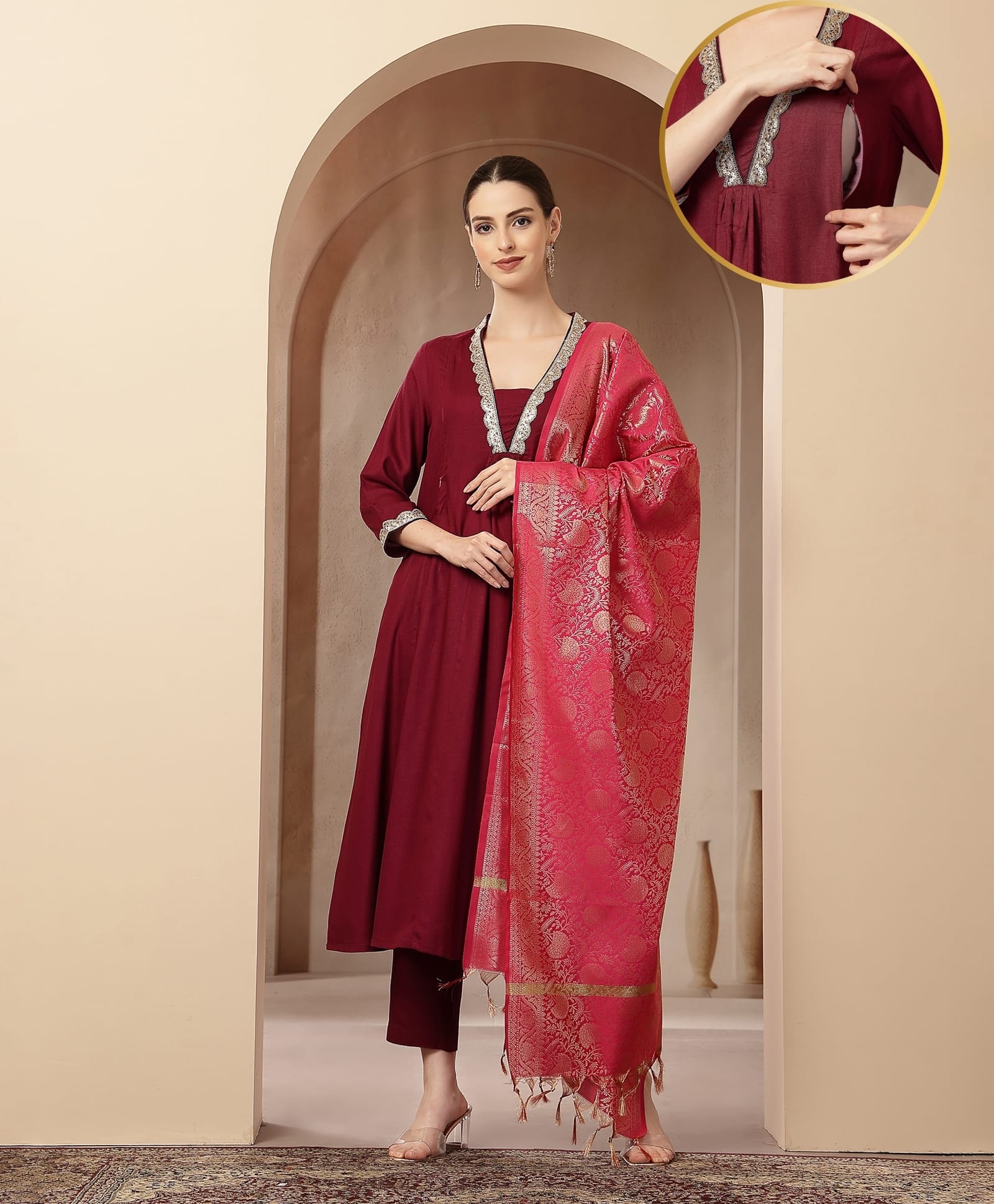 Zelena 100% Rayon Woven Three Fourth Sleeves Lace Embellished Maternity Kurti With Side Zipper Nursing Access & Pant With Dupatta Set - Magenta Purple-image-27