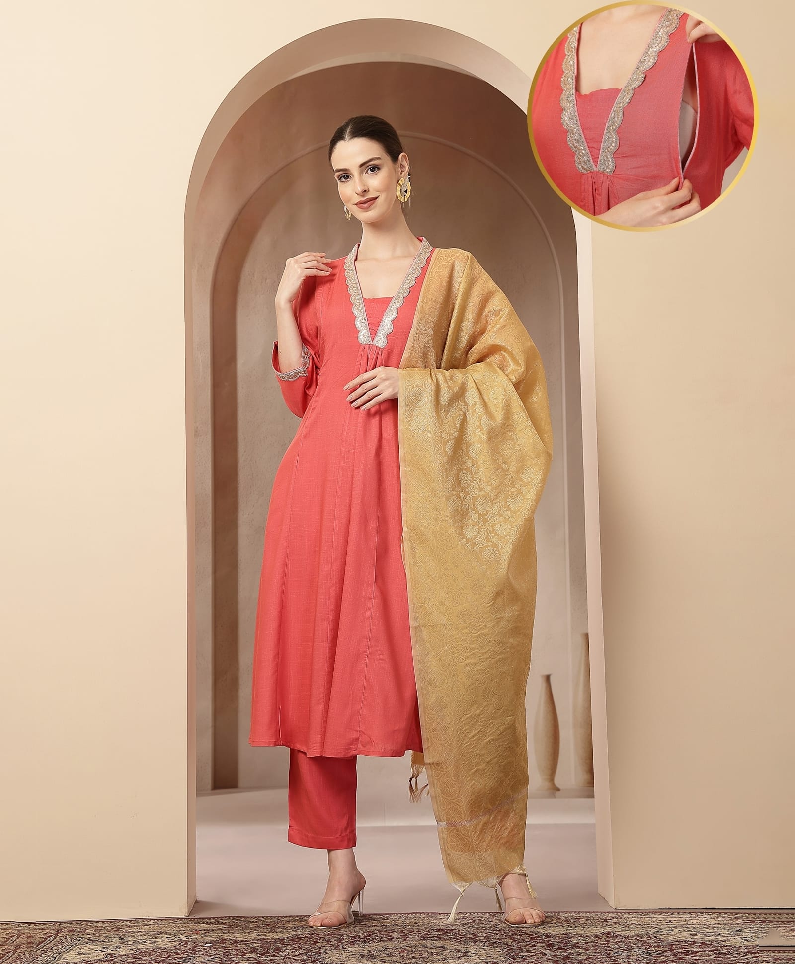 Zelena 100% Rayon Woven Three Fourth Sleeves Lace Embellished Maternity Kurti With Side Zipper Nursing Access & Pant With Dupatta Set - Coral Pink-image-1