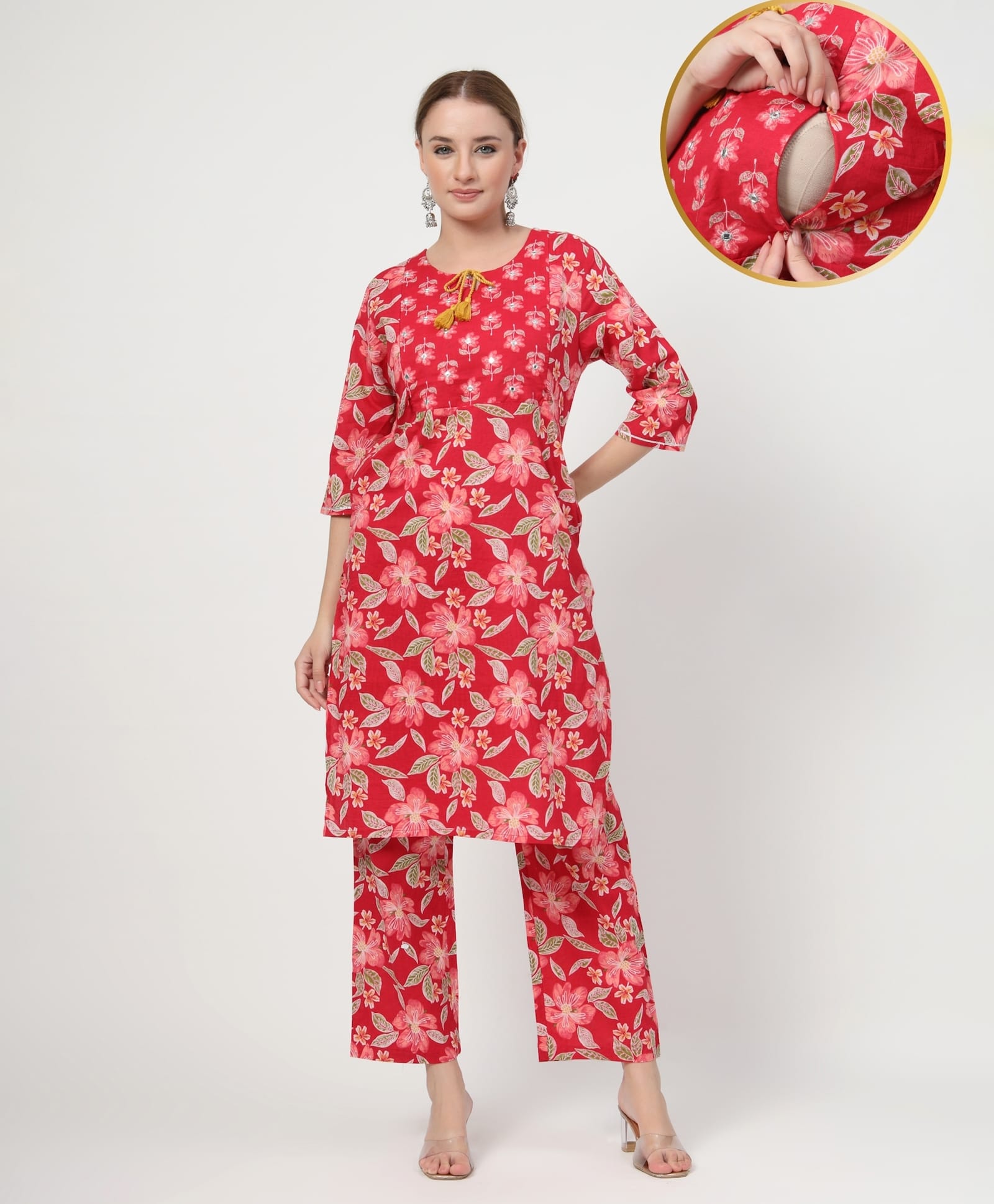 Zelena 100% Cotton Woven Three Fourth Sleeves Floral Printed Concealed Zipper Nursing Access Kurti With Pant Set - Wine Red-picture-47