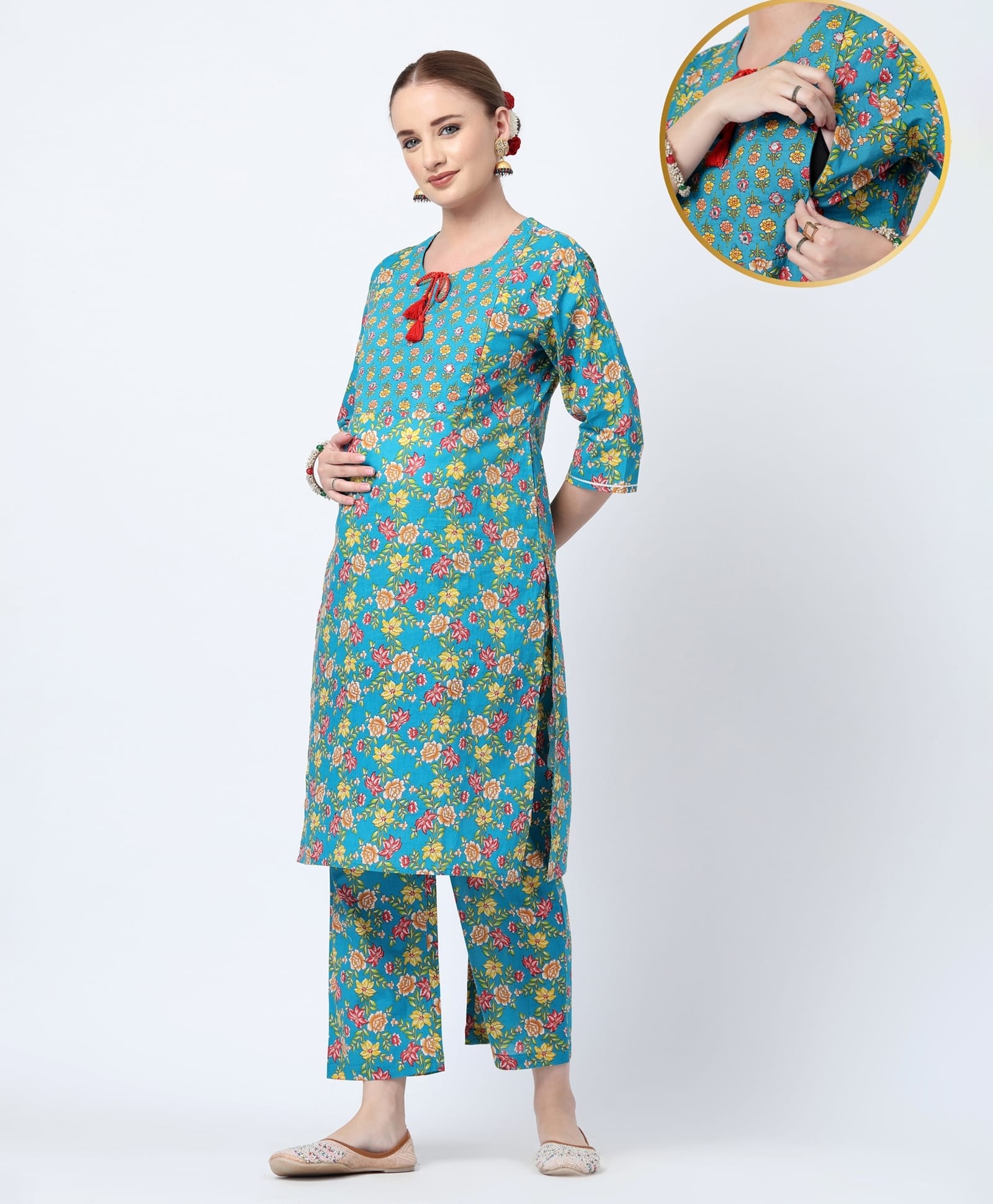 Zelena 100% Cotton Woven Three Fourth Sleeves Floral Printed Concealed Zipper Nursing Access Kurti With Pant Set - Turquoise-picture-30