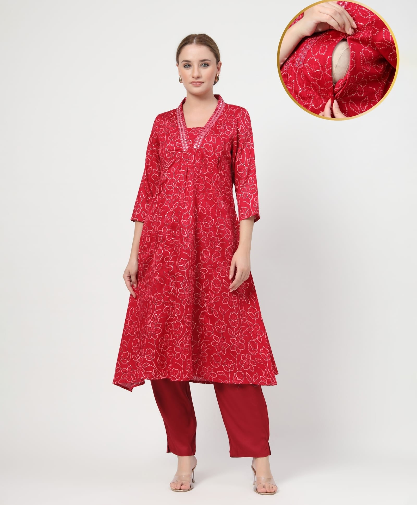 Zelena 100% Rayon Three Fourth Sleeves Floral Printed Concealed Zipper Nursing Access Kurti With Pant Set - Rani Pink-picture-46