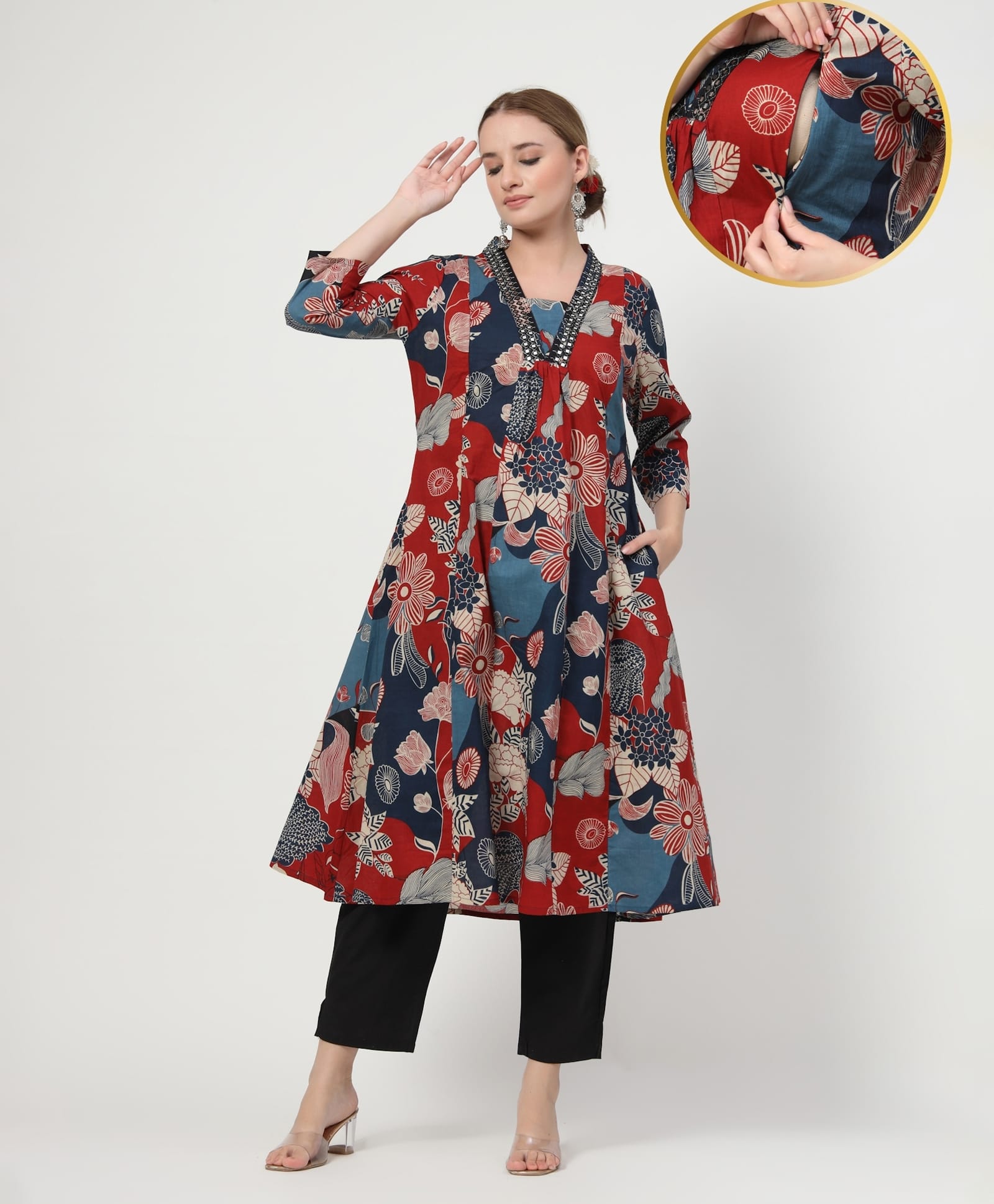 Zelena 100% Rayon Woven Three Fourth Sleeves Floral Printed Concealed Zipper Nursing Access Kurti With Pant Set - Navy Blue