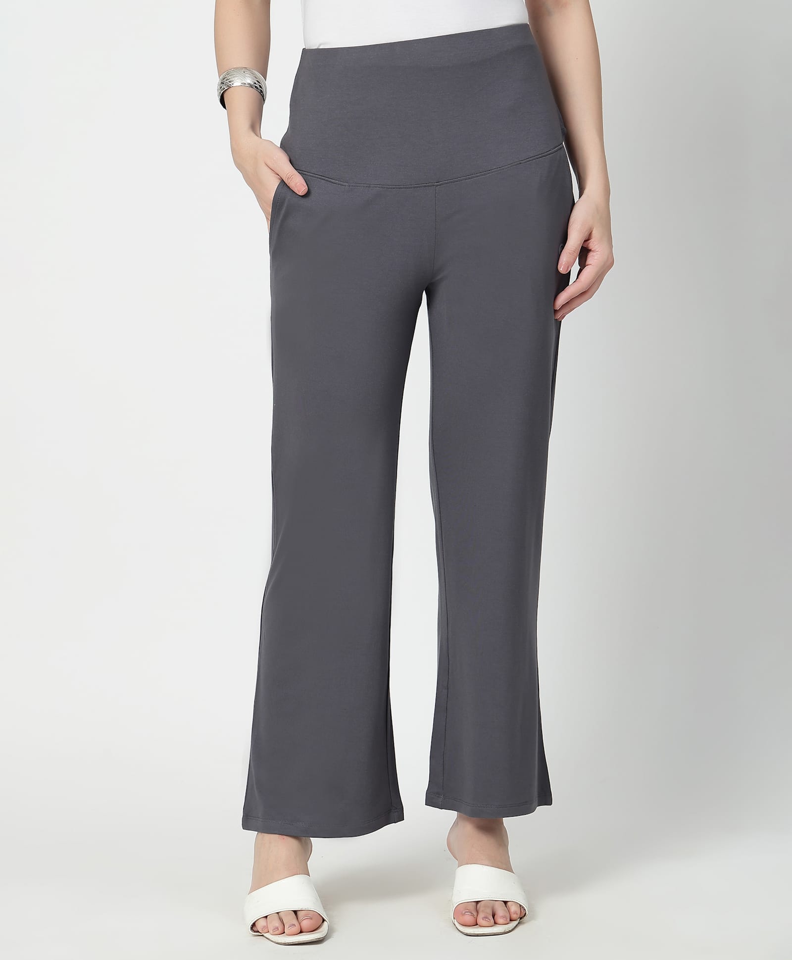 Zelena 95% Viscose 5% Lycra Woven Solid Soft Belly Support & Stretchable Flared Maternity Pants - Charcoal Grey-picture-15