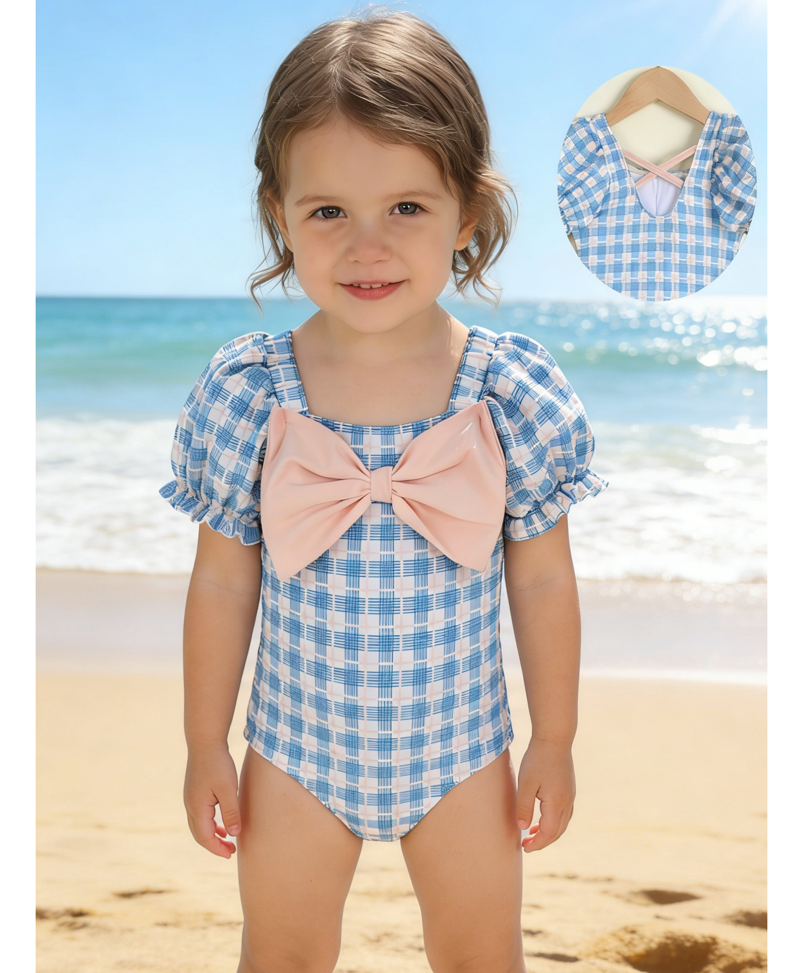 Babyhug Half Sleeves Checks Printed V Cut Swimsuit With Bow Applique - Blue-image-8