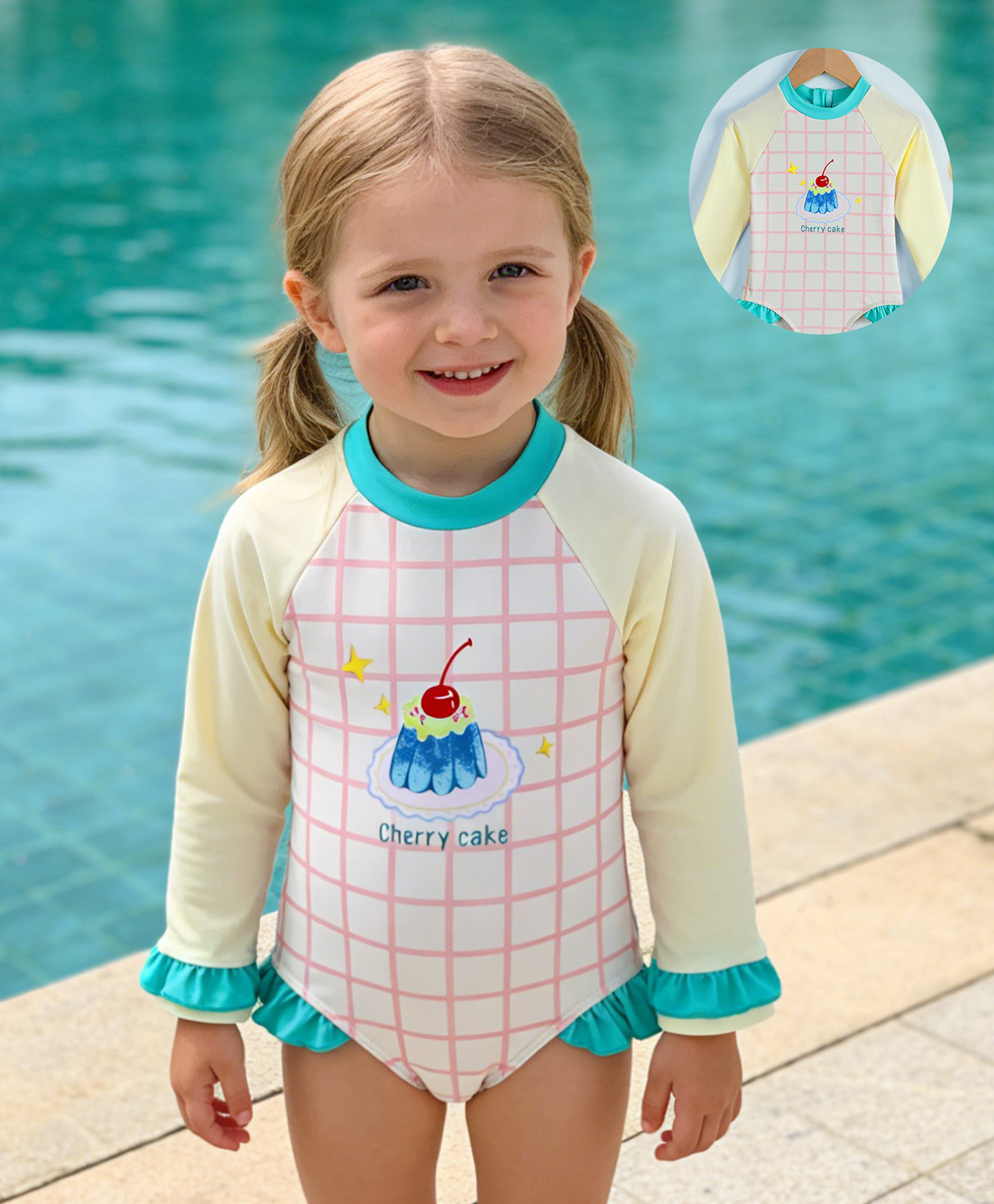 Babyhug Raglan Full Sleeves Cherry Cake Printed V Cut Swimsuit - White & Light Yellow-image-2