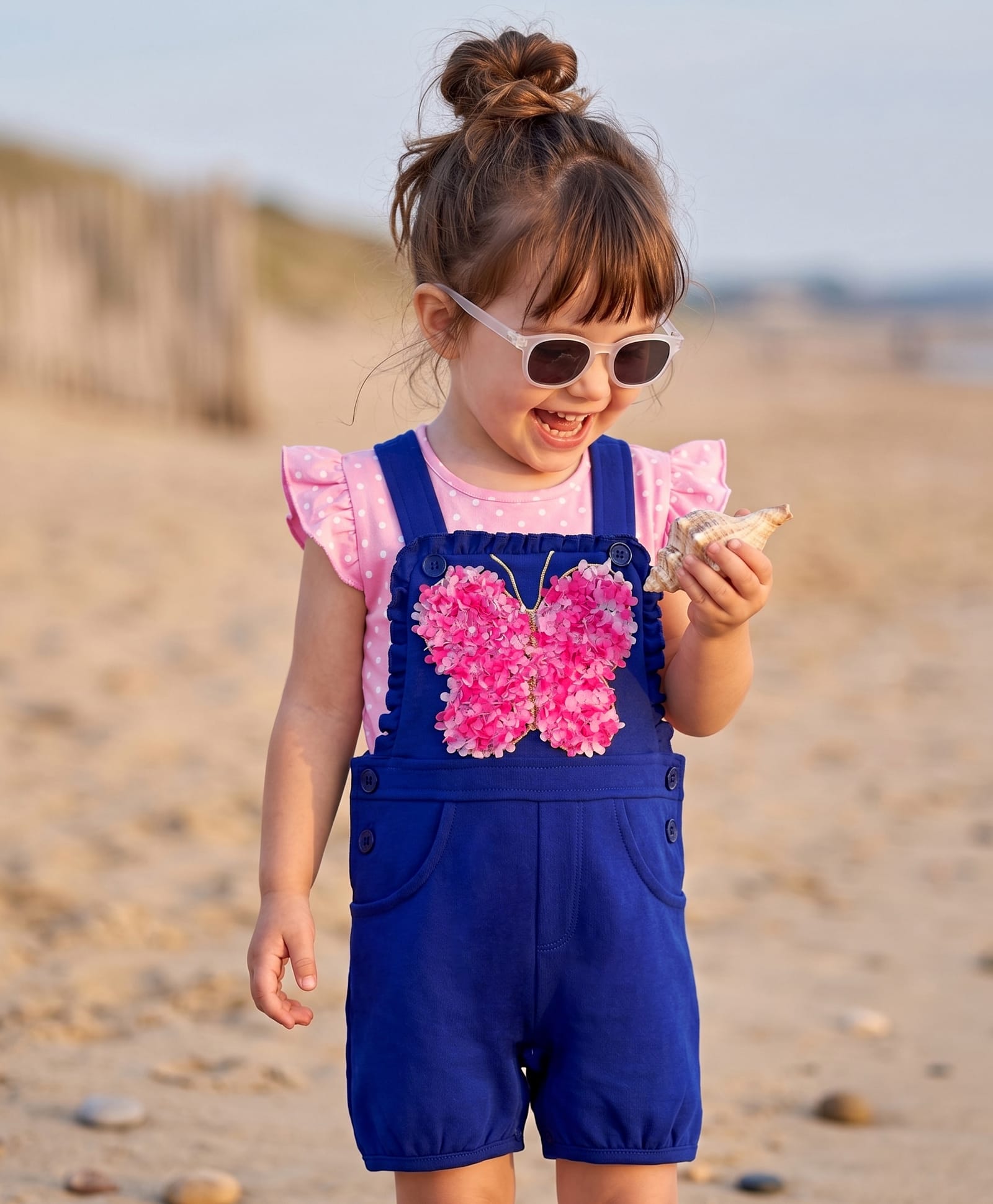 Babyhug Single Jersey Knit Half Sleeves T-Shirt & Dungaree with Polka Dots Print & Butterfly Applique- Pink-image-48