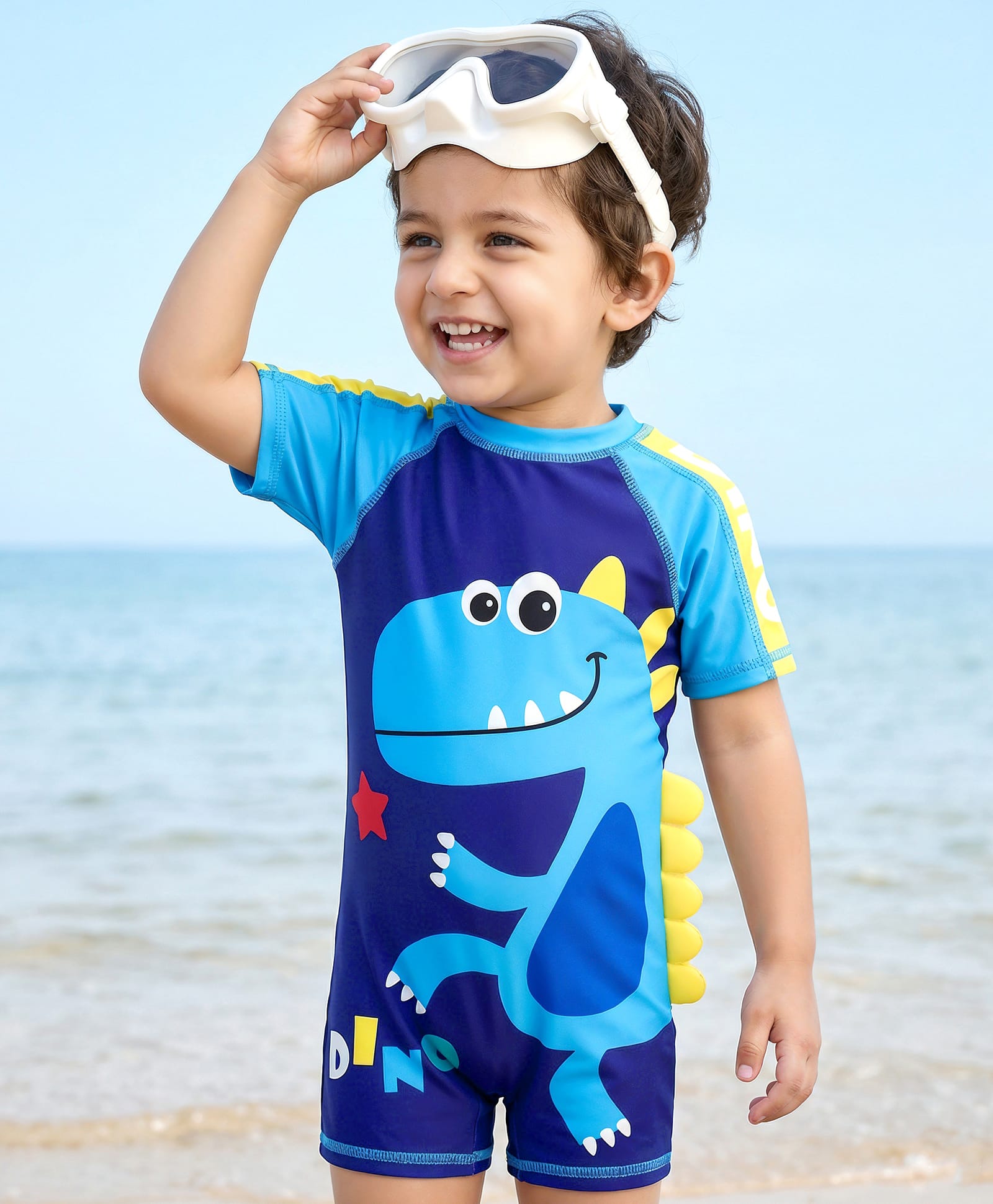 Babyhug Half Raglan Sleeves Legged Swimsuit with Dino Print - Blue-image-45