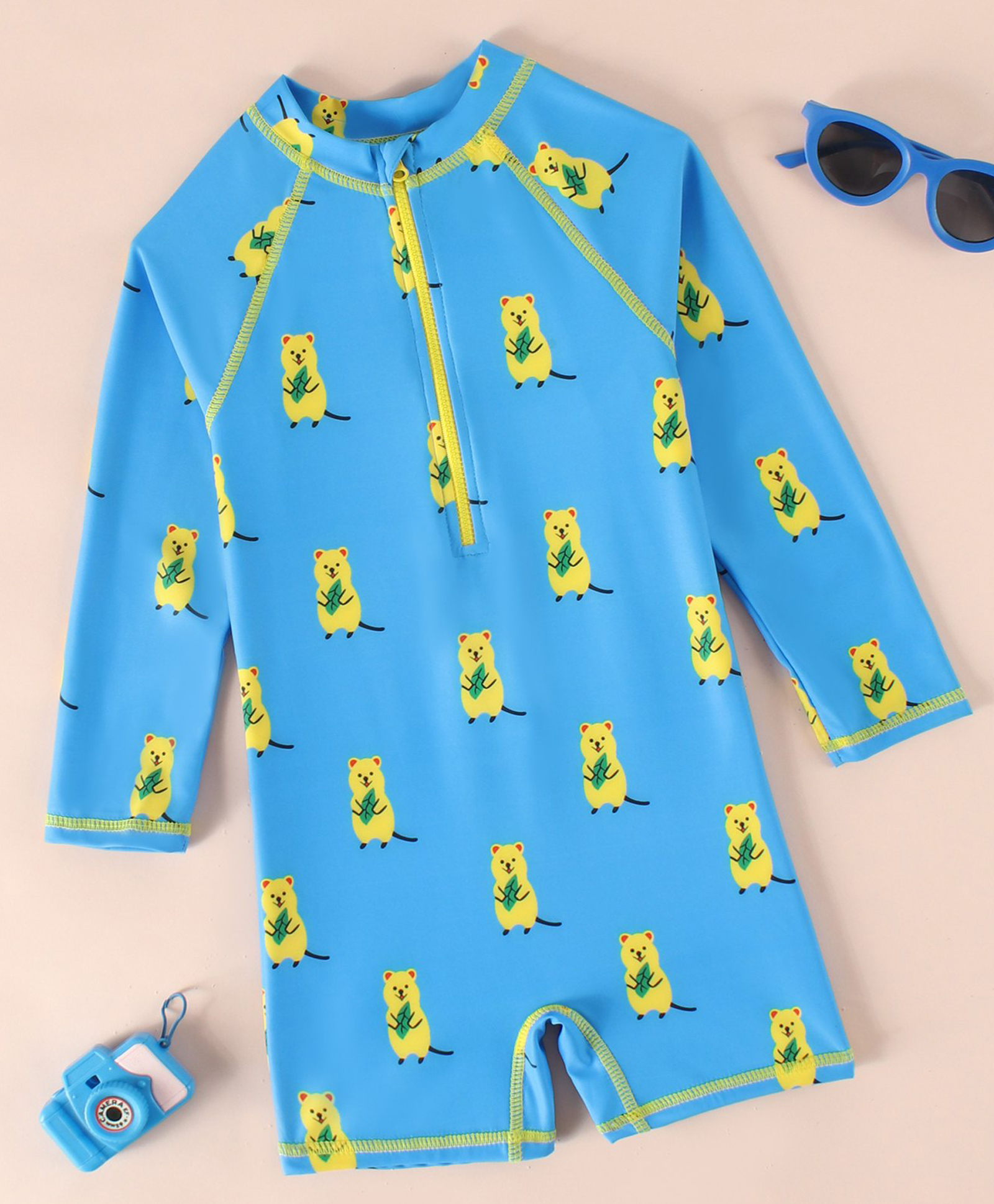 Babyhug Raglan Full Sleeves Bear Printed Legged Swimsuit - Light Blue-image-17