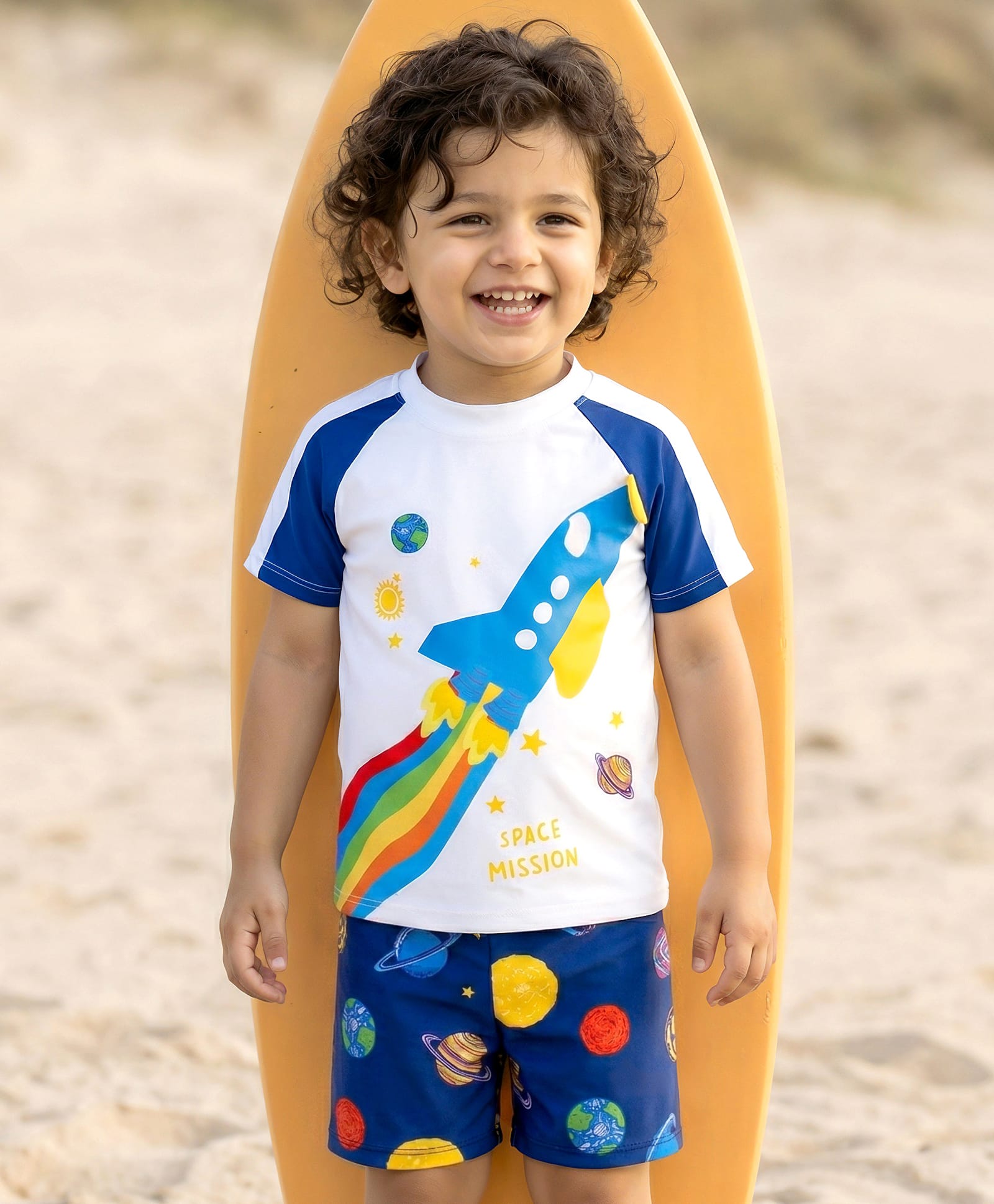 Babyhug Raglan Half Sleeves Space Theme Printed Two Piece Swimsuit - White-image-44