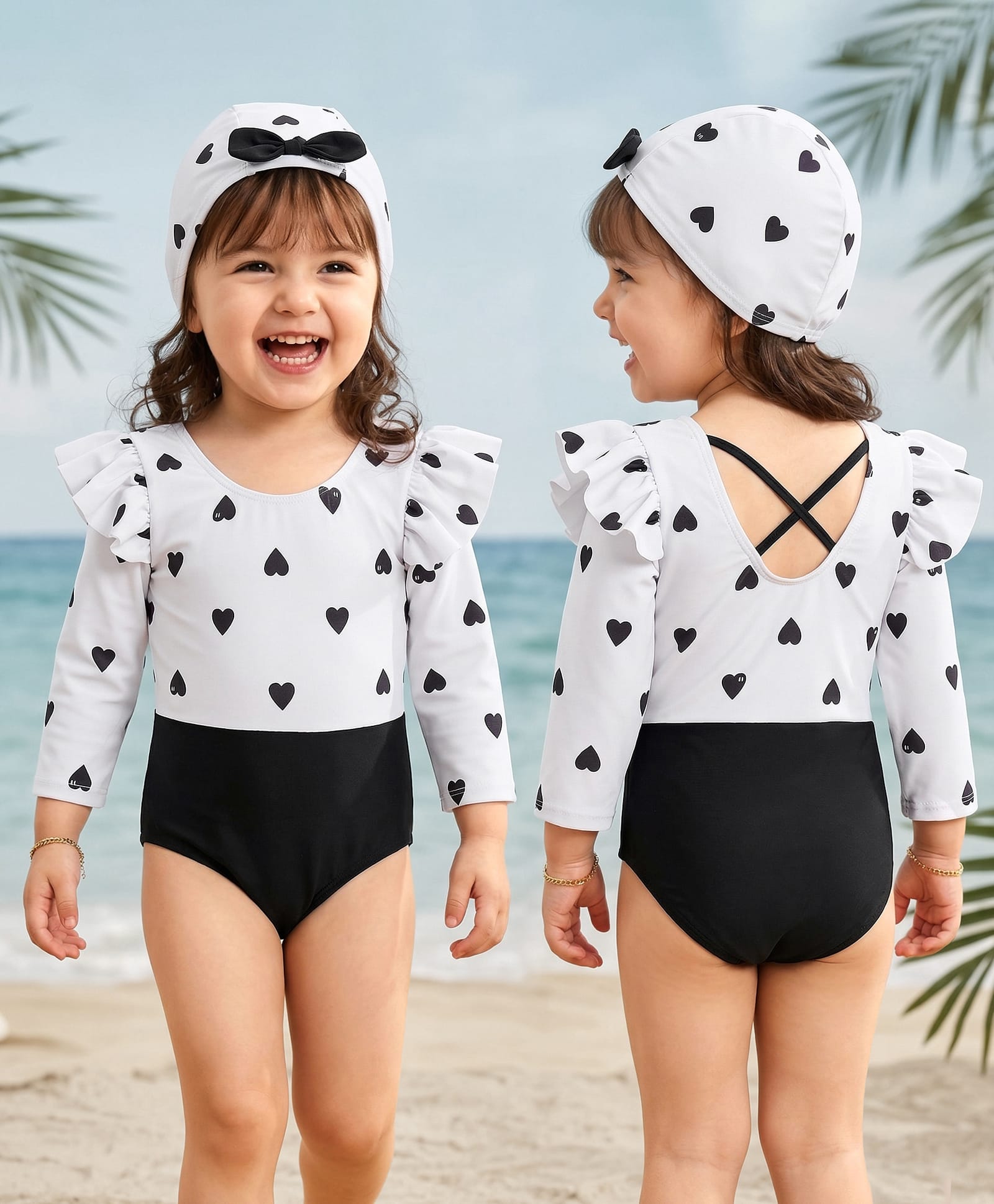 Mark & Mia Full Sleeves Hearts Printed V Cut Swimsuit - White & Black-image-9