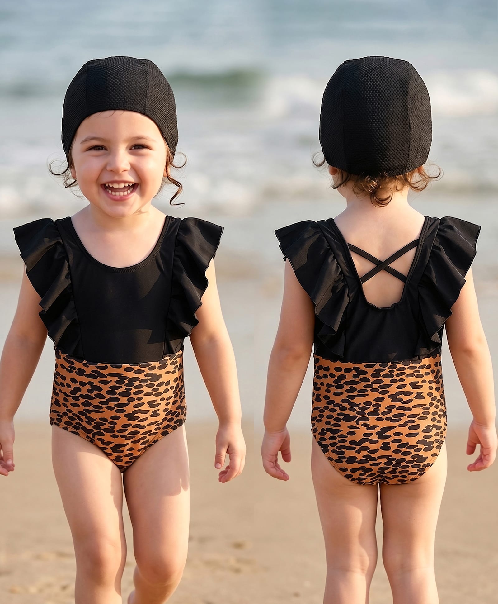 Mark & Mia Frill Sleeves V Cut Swimsuit & Cap - Black-picture-19