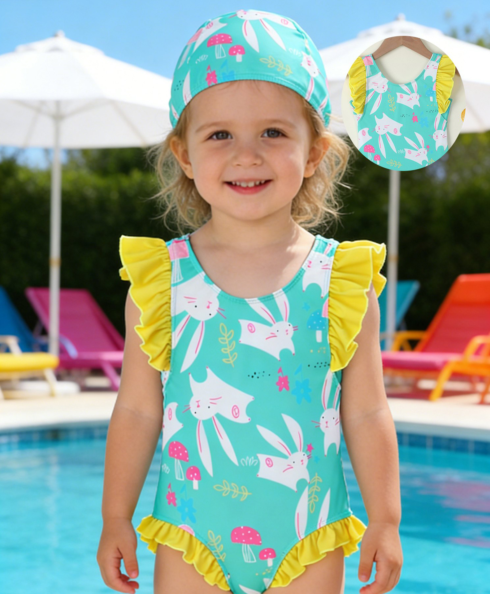 Mark & Mia Frill Sleeves Bunny Printed V Cut Swimsuit With Cap - Sea Green-picture-15