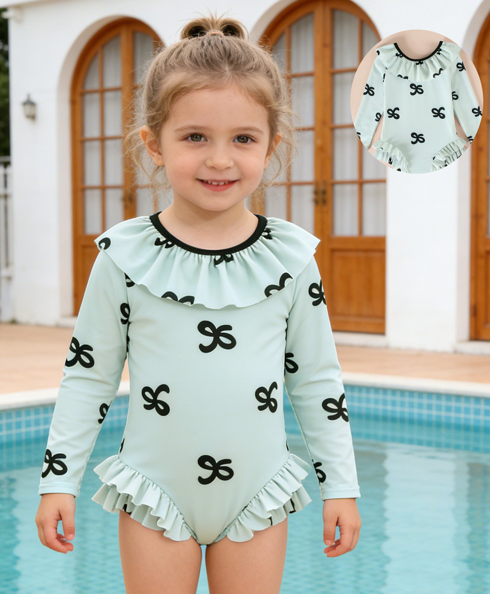 Mark & Mia Full Sleeves Bow Printed V Cut Swimsuit - Beige-image-43
