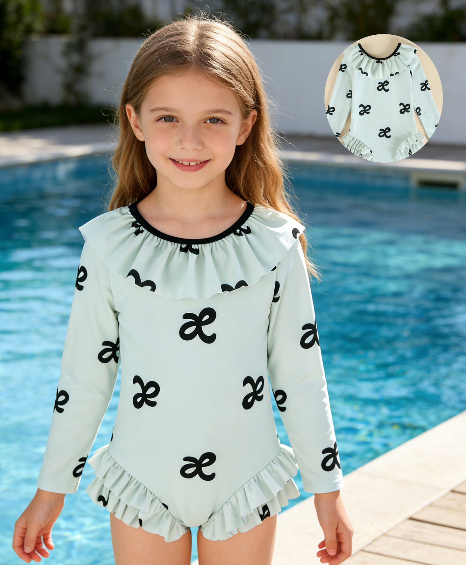 Mark & Mia Full Sleeves Bow Printed V Cut Swimsuit - Beige-image-47