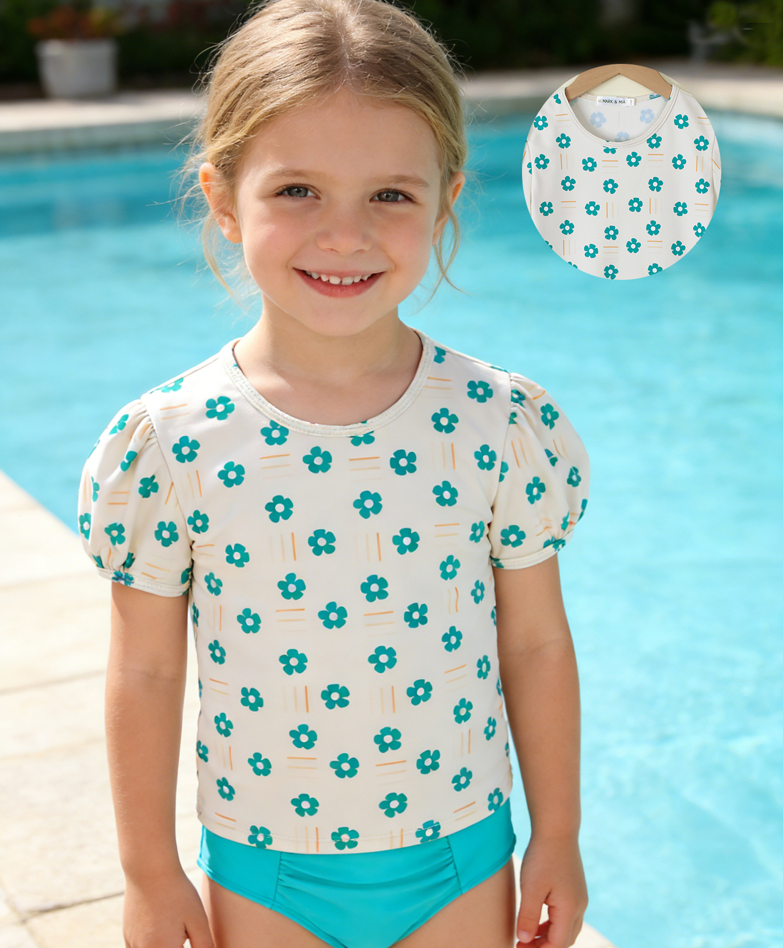 Mark & Mia Half Sleeves Floral Printed Two Pieces Swimsuit - Beige & Blue-image-0