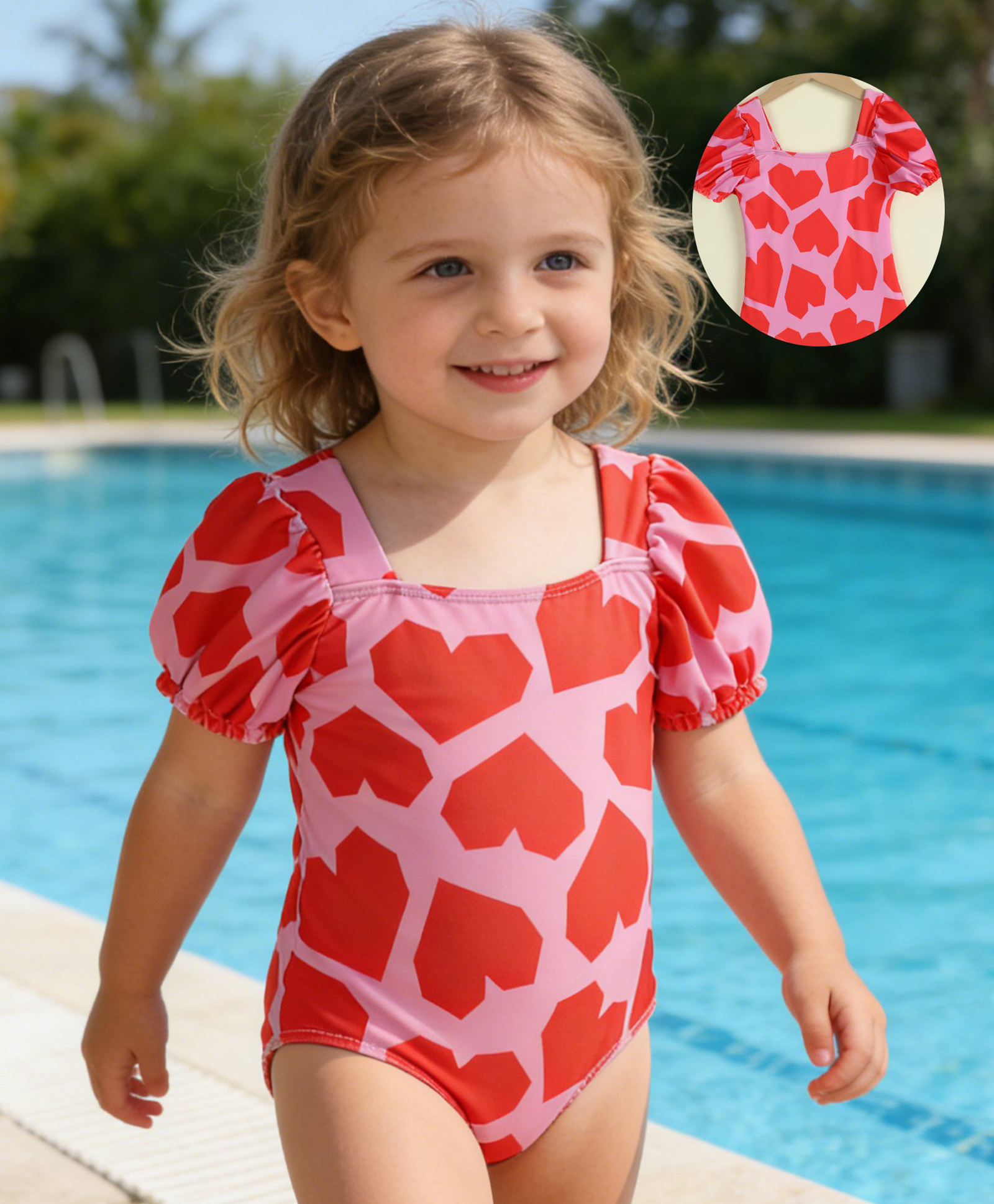 Mark & Mia Half Puffed Sleeves V Cut Swimsuit with Heart Print - Red-image-42