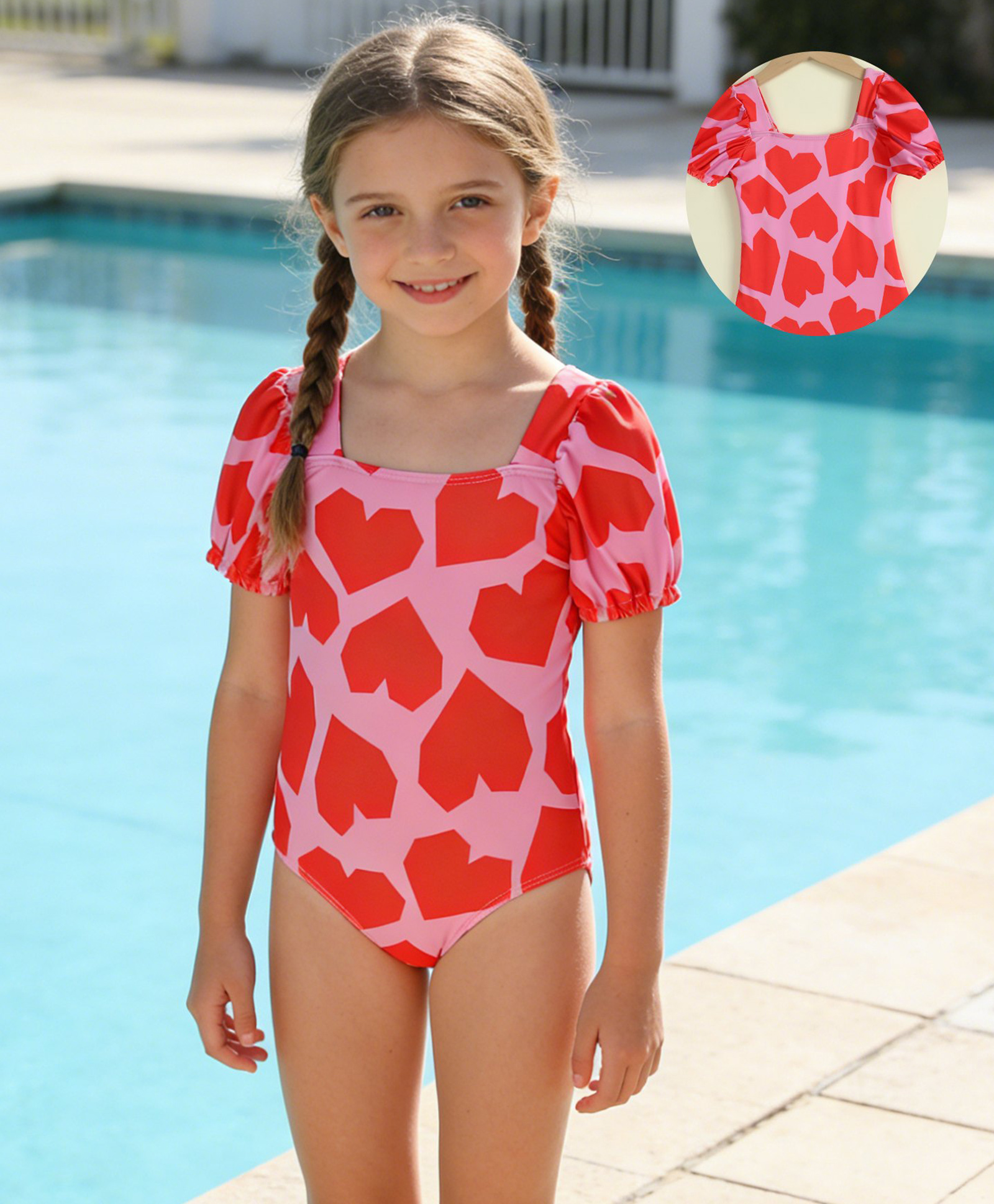Mark & Mia Half Puffed Sleeves V Cut Swimsuit with Heart Print - Red-image-41