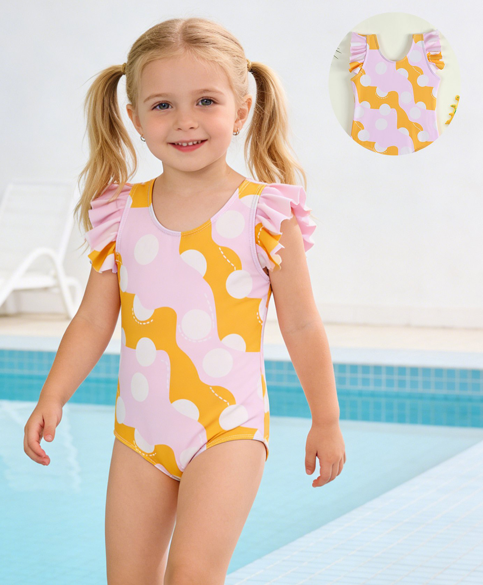 Mark & Mia Frill Sleeves Polka Dots Printed V Cut Swimsuit - Multicolour-image-3