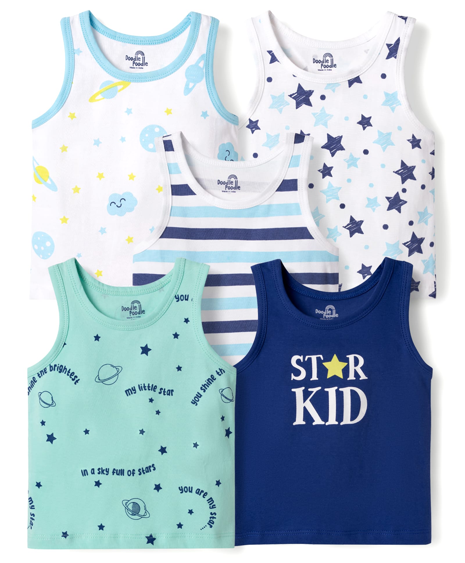 Doodle Poodle 100% Cotton Knit Sleeveless Printed Vests Pack of 5 - Multicolor-image-38