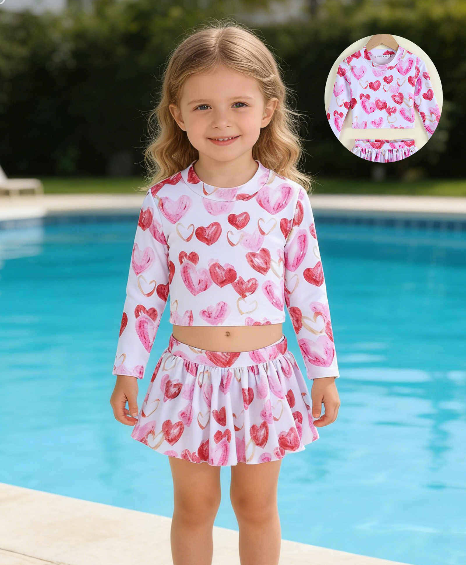 Mark & Mia Full Sleeves Hearts Printed Two Piece Swimsuit - Pink