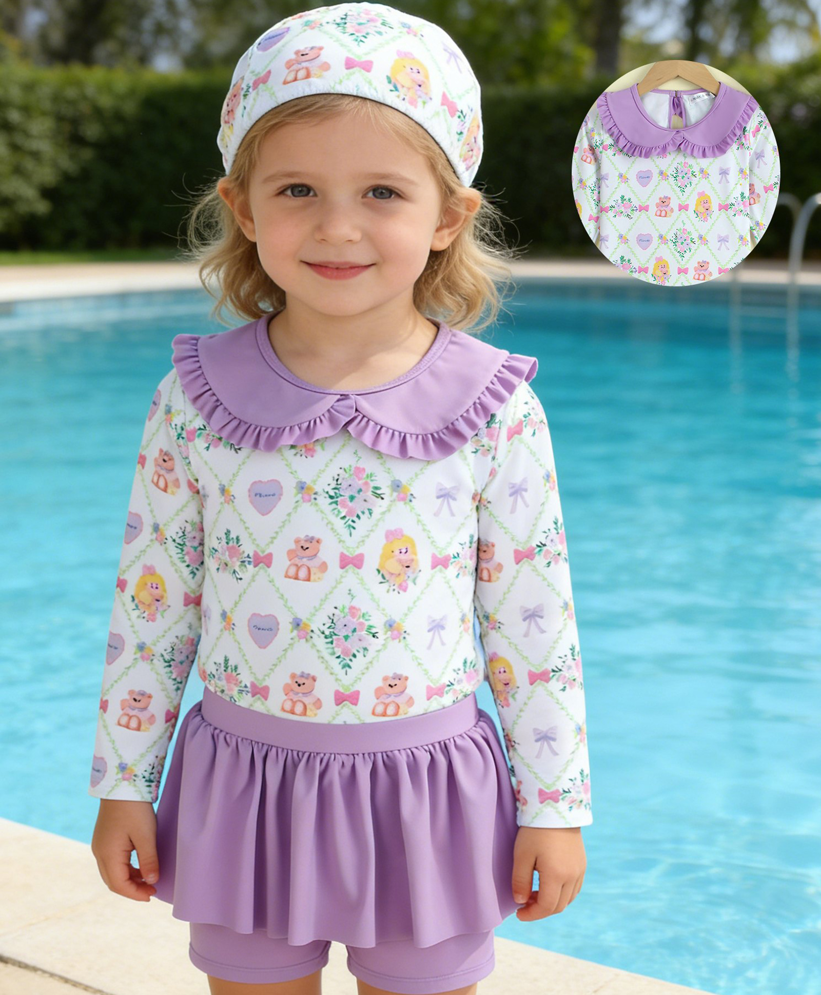 Mark & Mia Full Sleeves Two Piece Swimsuit with Floral Print & Cap - Purple-image-21