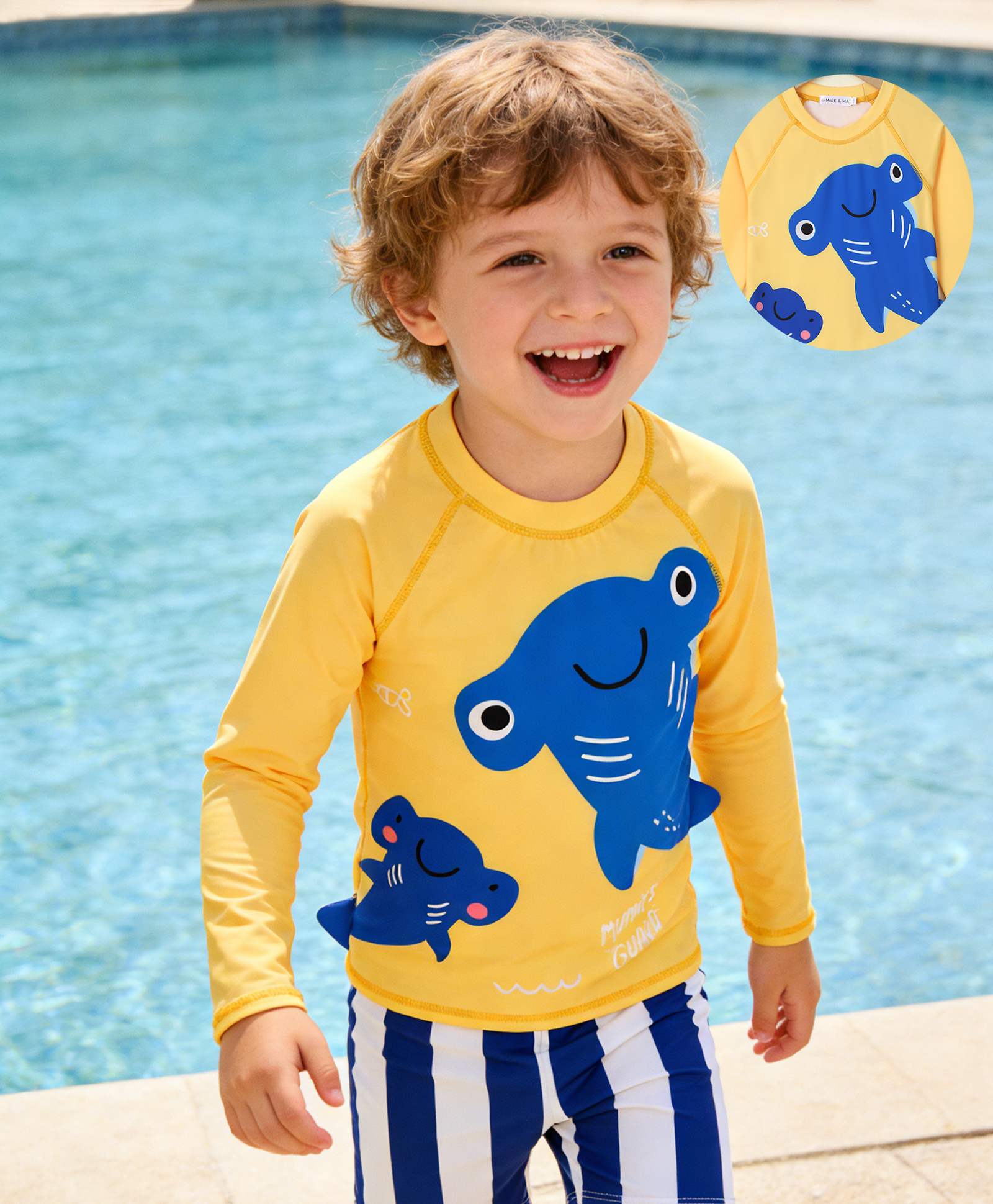 Mark & Mia Raglan Full Sleeves Sea Life Printed & Striped Two Piece Swimsuit - Yellow-image-21