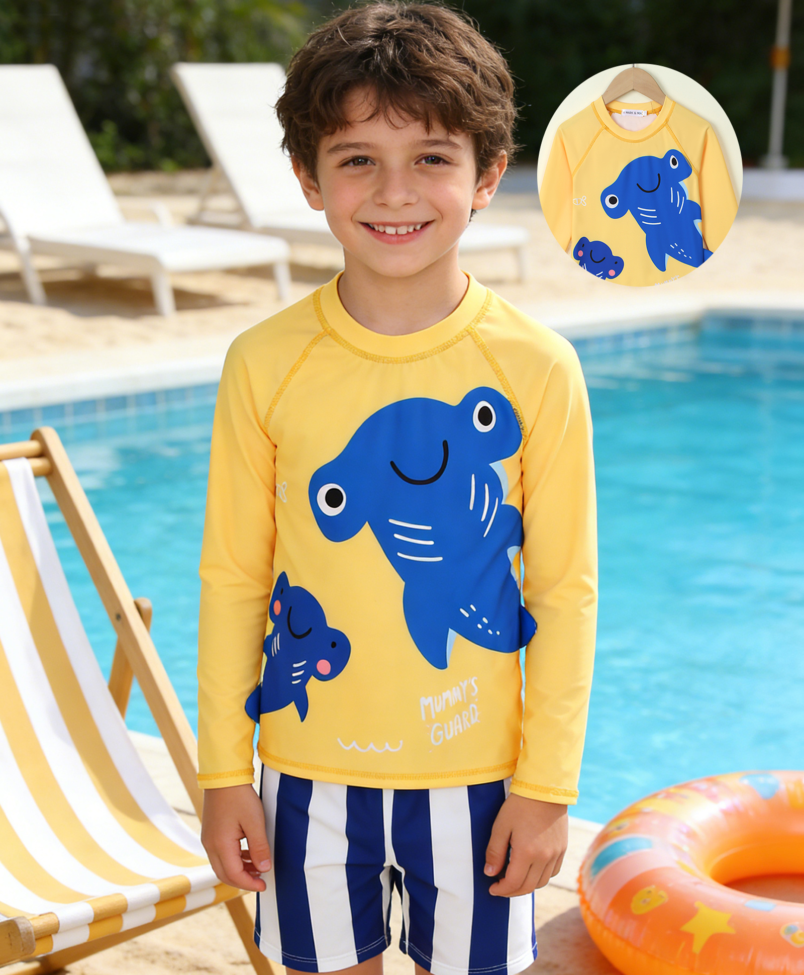 Mark & Mia Raglan Full Sleeves Sea Life Printed & Striped Two Piece Swimsuit - Yellow-picture-12