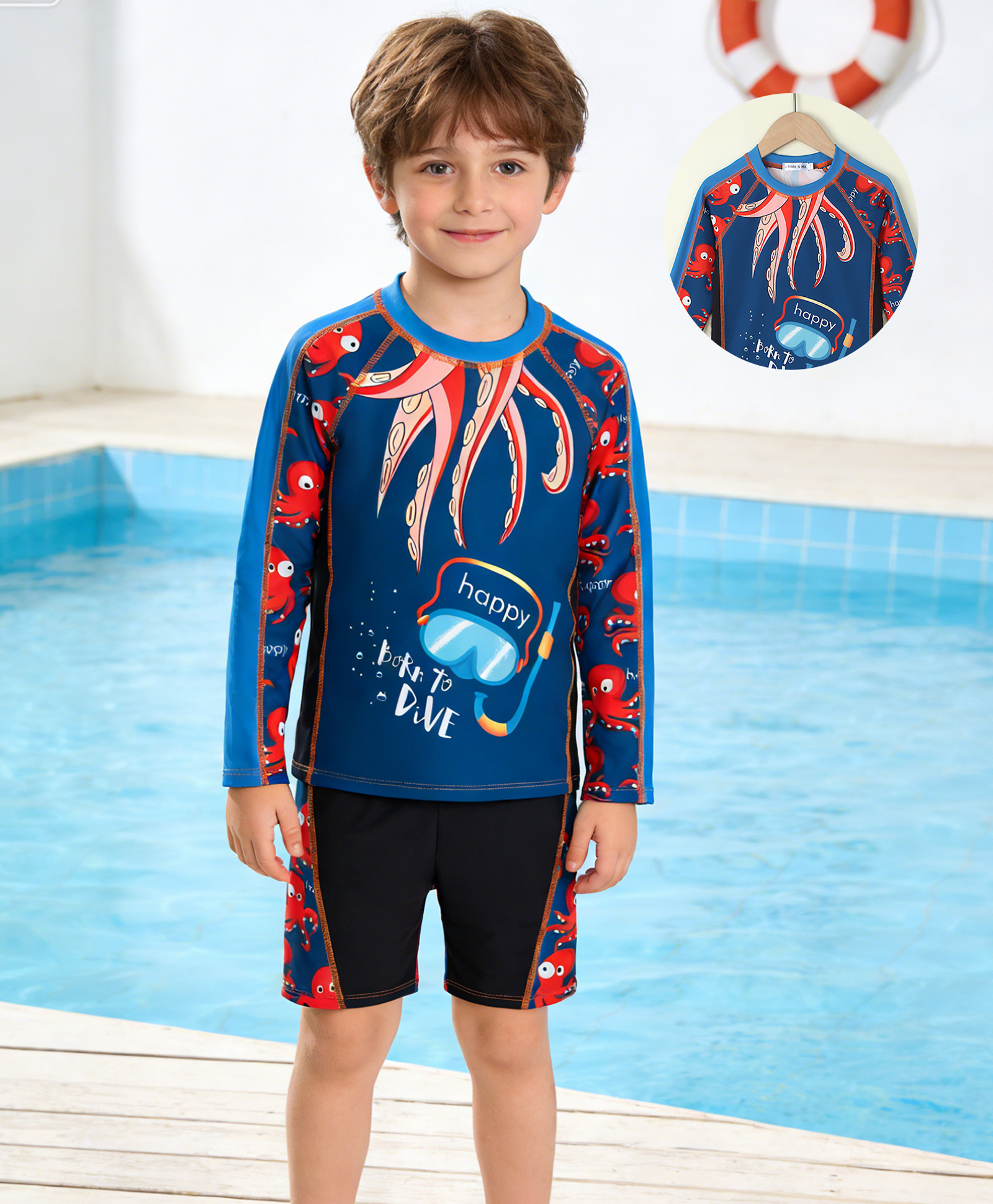 Mark & Mia Full Raglan Sleeves Two Piece Swimsuit with Sea Life Print - Navy Blue-image-41