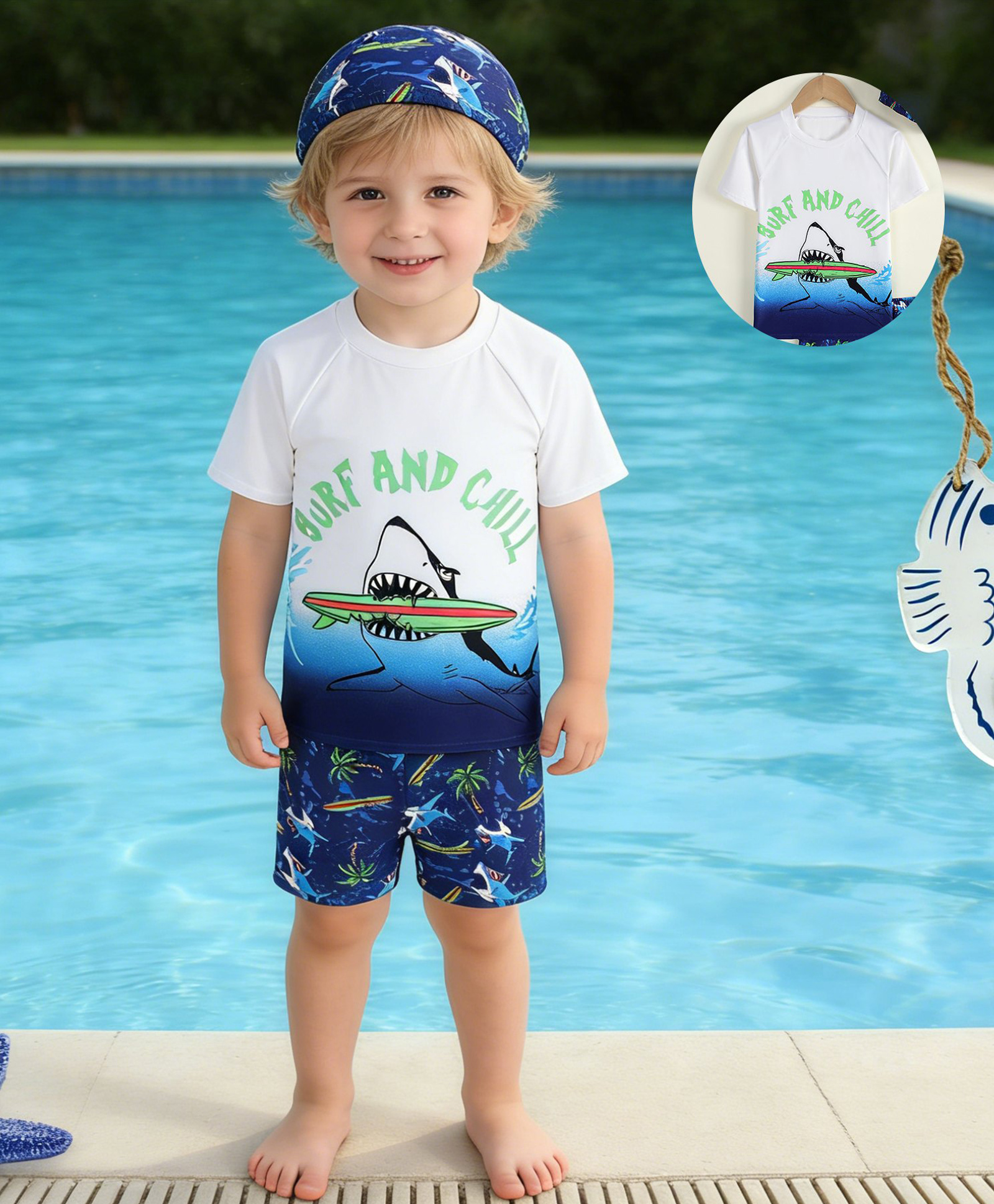 Mark & Mia Half Sleeves Two Piece Swimsuit with Cap & Sea Life Print - Navy Blue & White
