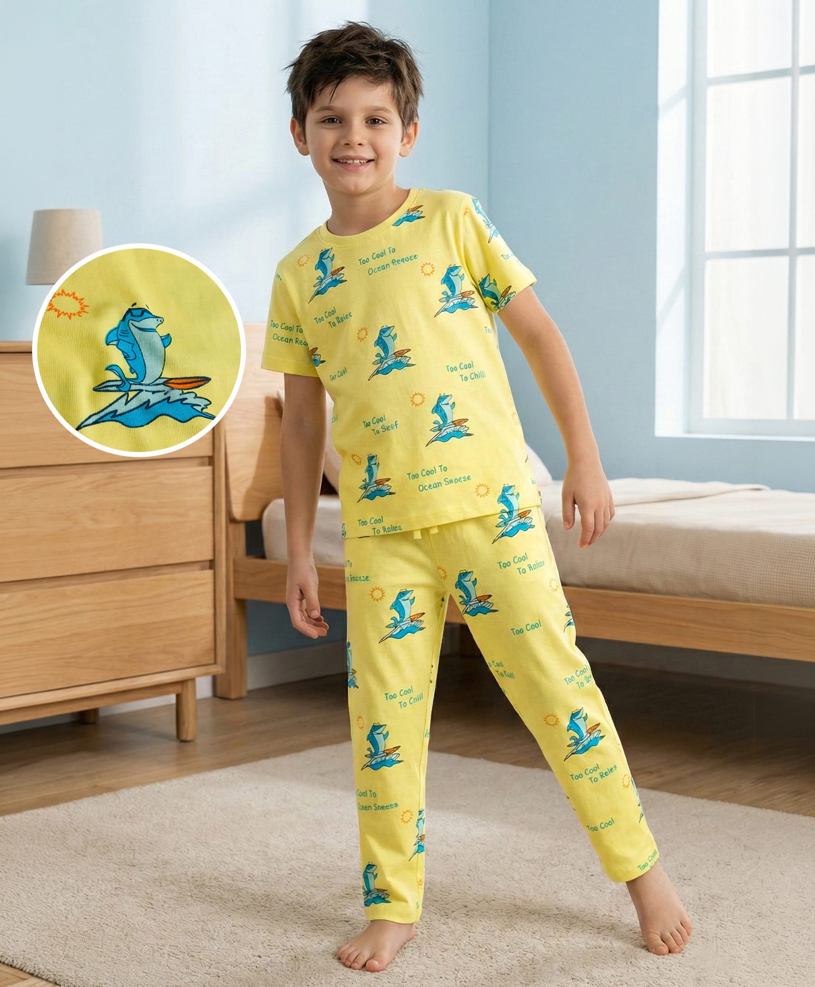 Pine Kids Single Jersey Knit Half Sleeves Co-ords Night Suit With Shark Print - Yellow-image-43