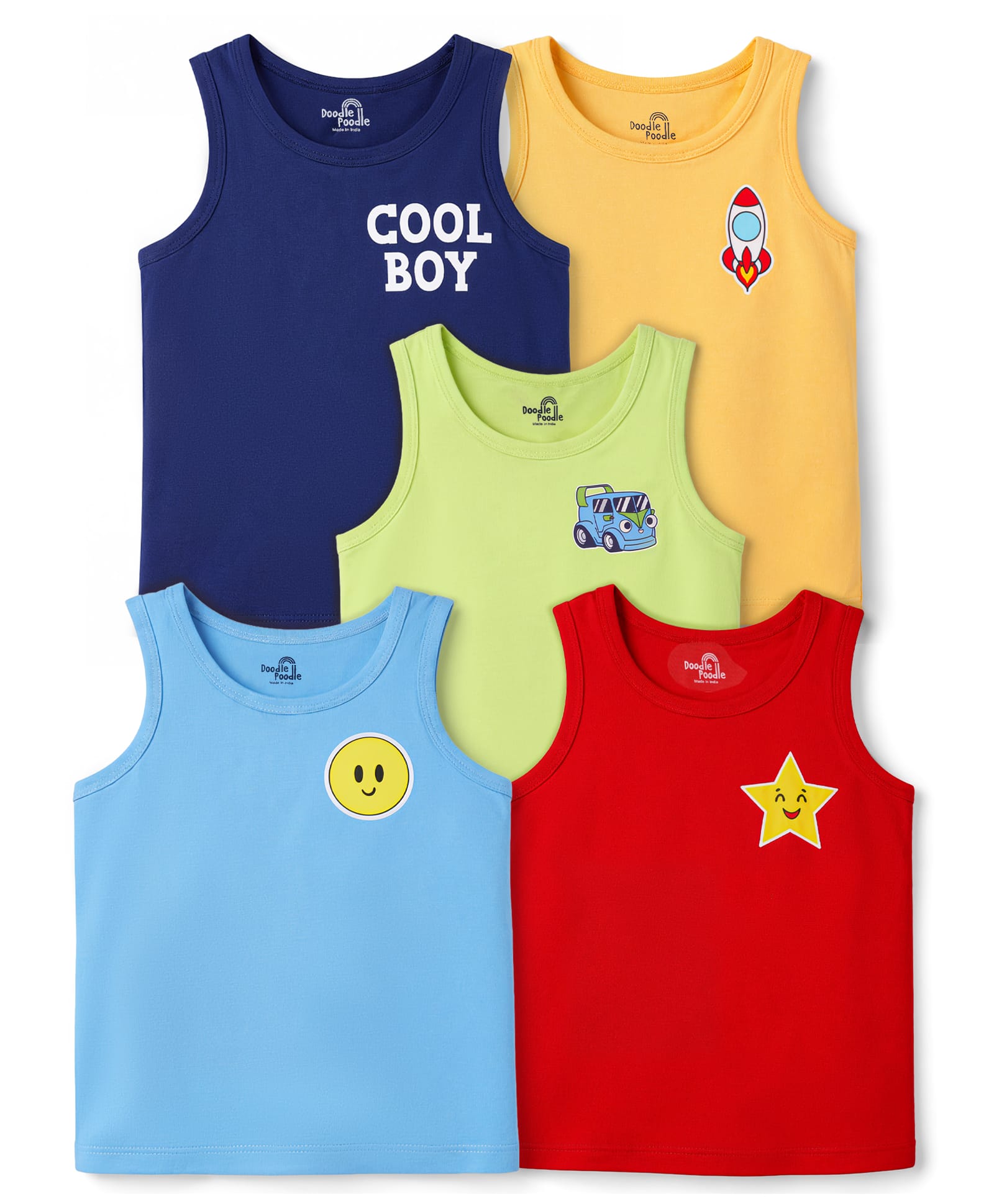 Doodle Poodle 100% Cotton Knit Sleeveless Printed Vests Pack of 5 - Multicolor-picture-24