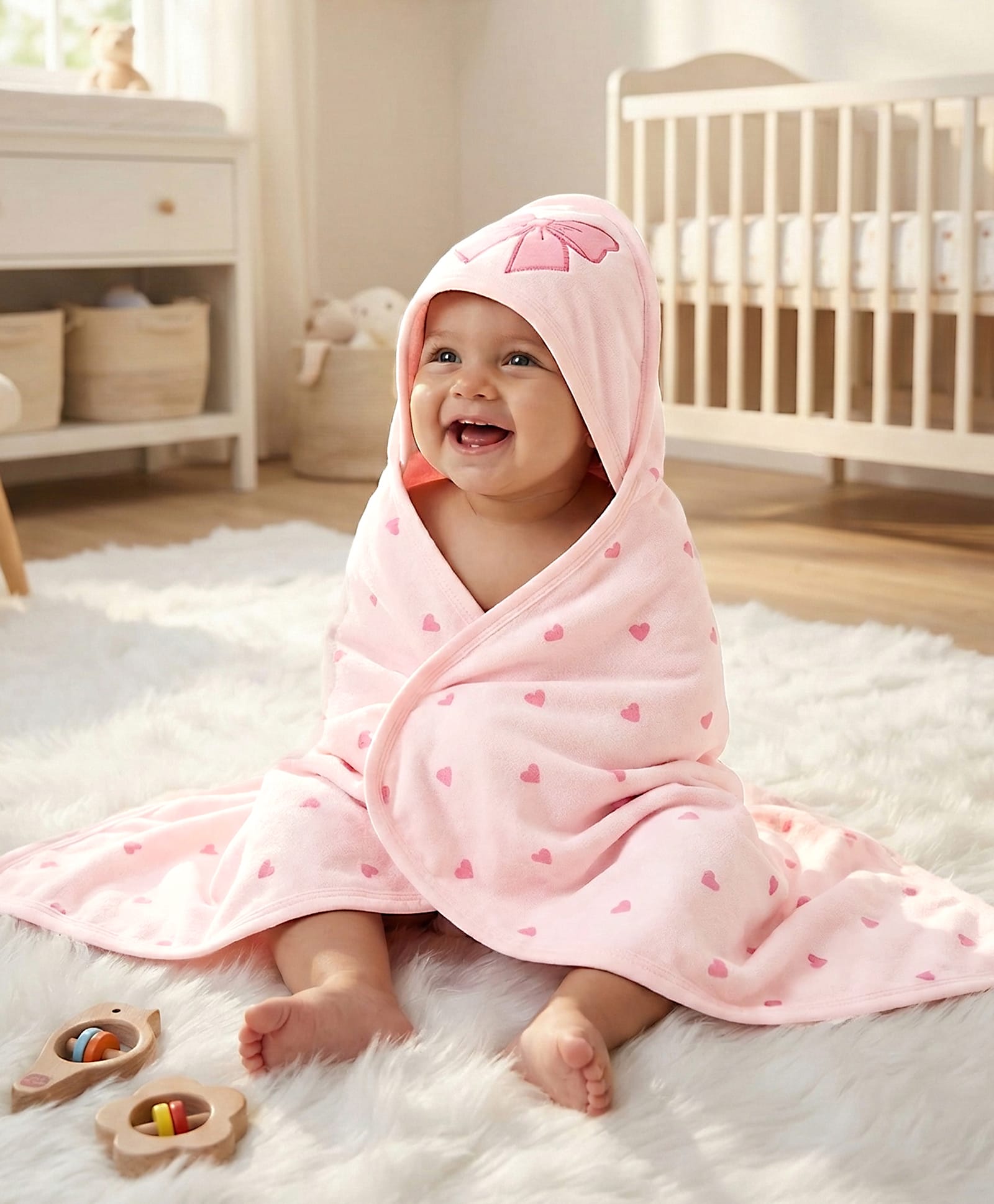 Babyhug Cotton Knit Hooded Towel With Bow Embroidery & Hearts Print - Light Pink