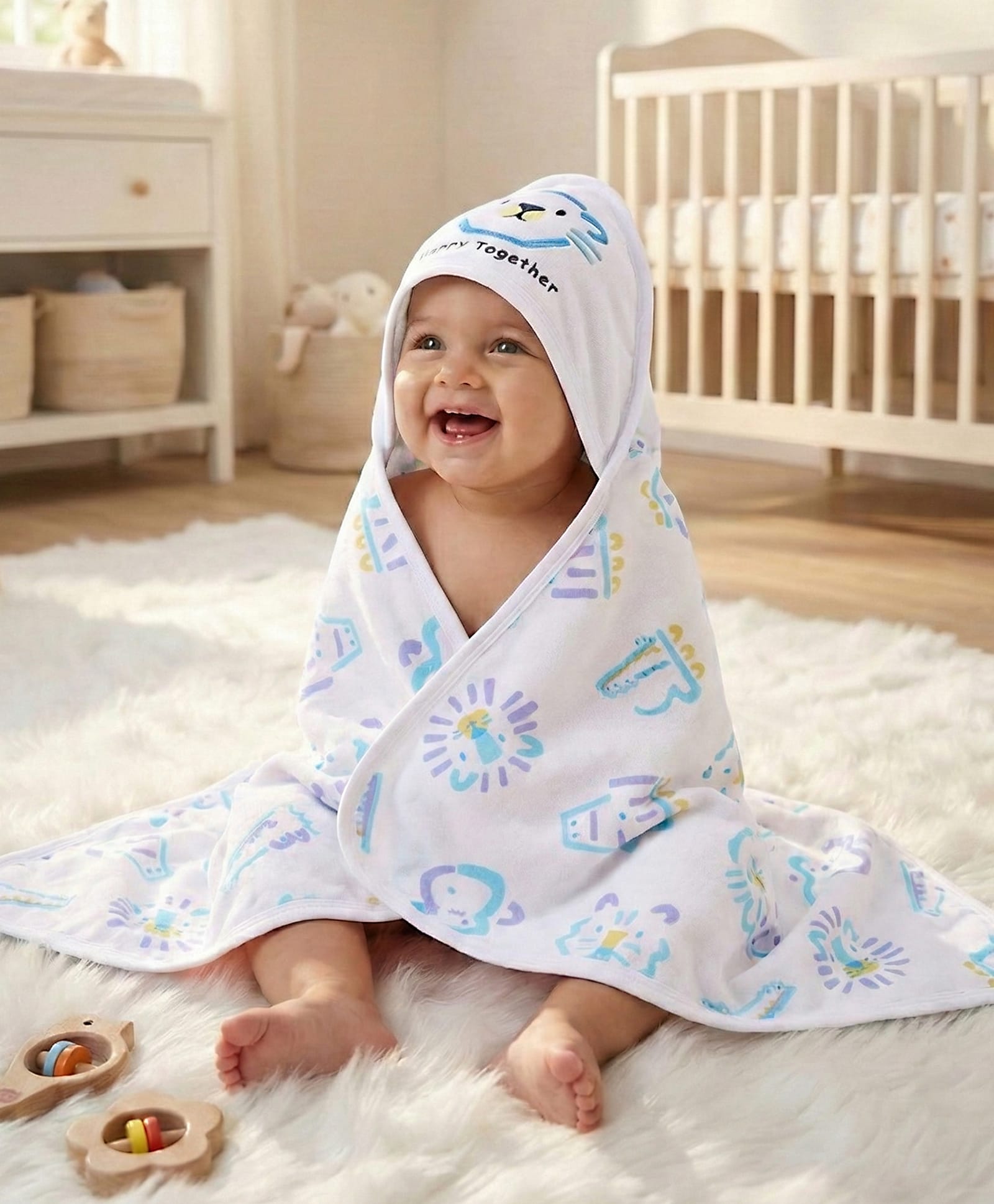 Babyhug Cotton Knit Hooded Wrapper With Animal Print L 65 x B 61 cm - White